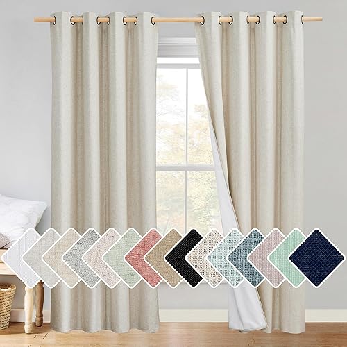 NICETOWN Farmhouse Style 100% Blackout Natural Linen Warm Curtains 90 inches Length for Winter, 2 Panels, 52" W, Cold Reducing Window Draperies with Thermal Insulated Liners for Dining Room