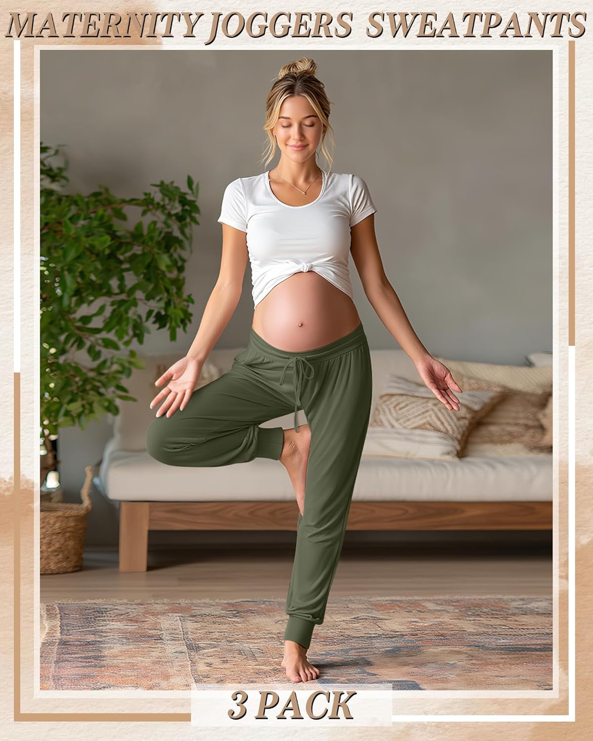 3 Pack Women's Lounge Maternity Pants, Casual Joggers Underbelly Pregnancy Sweatpants with Drawstring and Pockets - Image 2