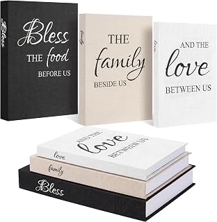 Weysat Set of 3 Bless Family Love Decorative Books for Home Decor | Linen Faux Books, Stacked Neutral Modern Aesthetic Fake Storage Boxes, Coffee Table, Bookshelf or Mantle Display