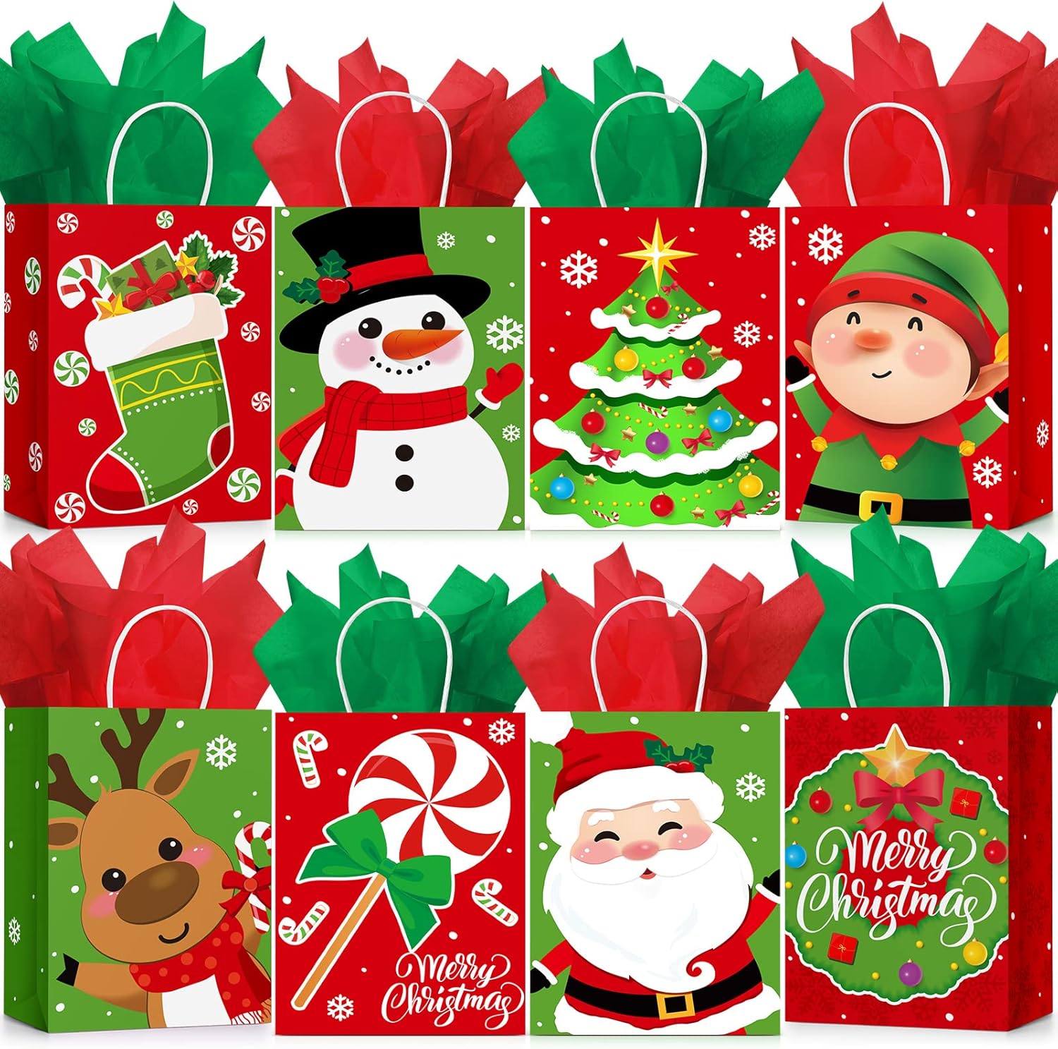 Censen 24 Pcs Medium Christmas Gift Bags with Tissue Paper Xmas Kraft Paper Goodie Bags with Handle Bulk for Christmas Gift Wrapping Holiday Party Supplies 10 x 8 x 4''(Santa Elk)