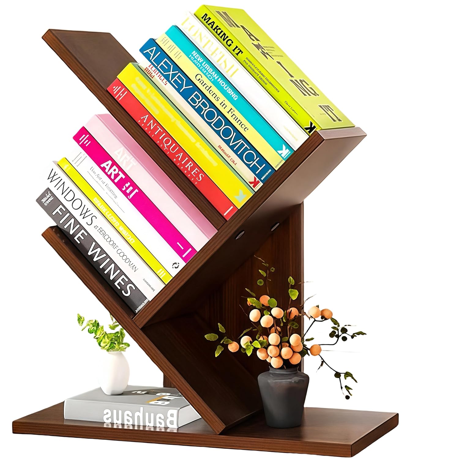 Godferyxin Tree Bookshelf Small Bookshelf 3 Tier Wood Mini Book Shelf and Book Tree for Office Home or
