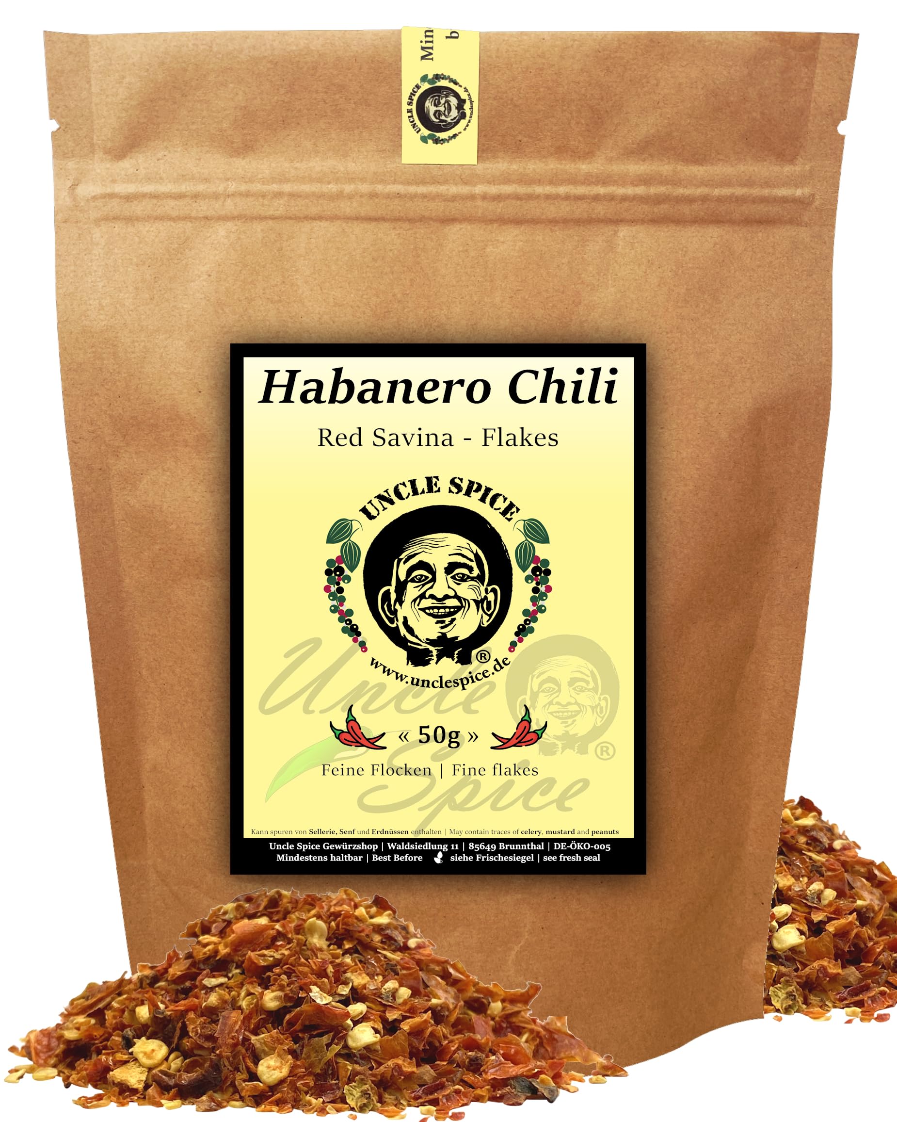 UNCLE SPICE® Habanero Chiliflocken - 50g Habanero-Chili echte RED SAVINA Chilischoten geschrotet in Premiumqualität - Habanero Chilischoten in Flocken, Chili-Flocken Gewürzflocken - Achtung SCHARF