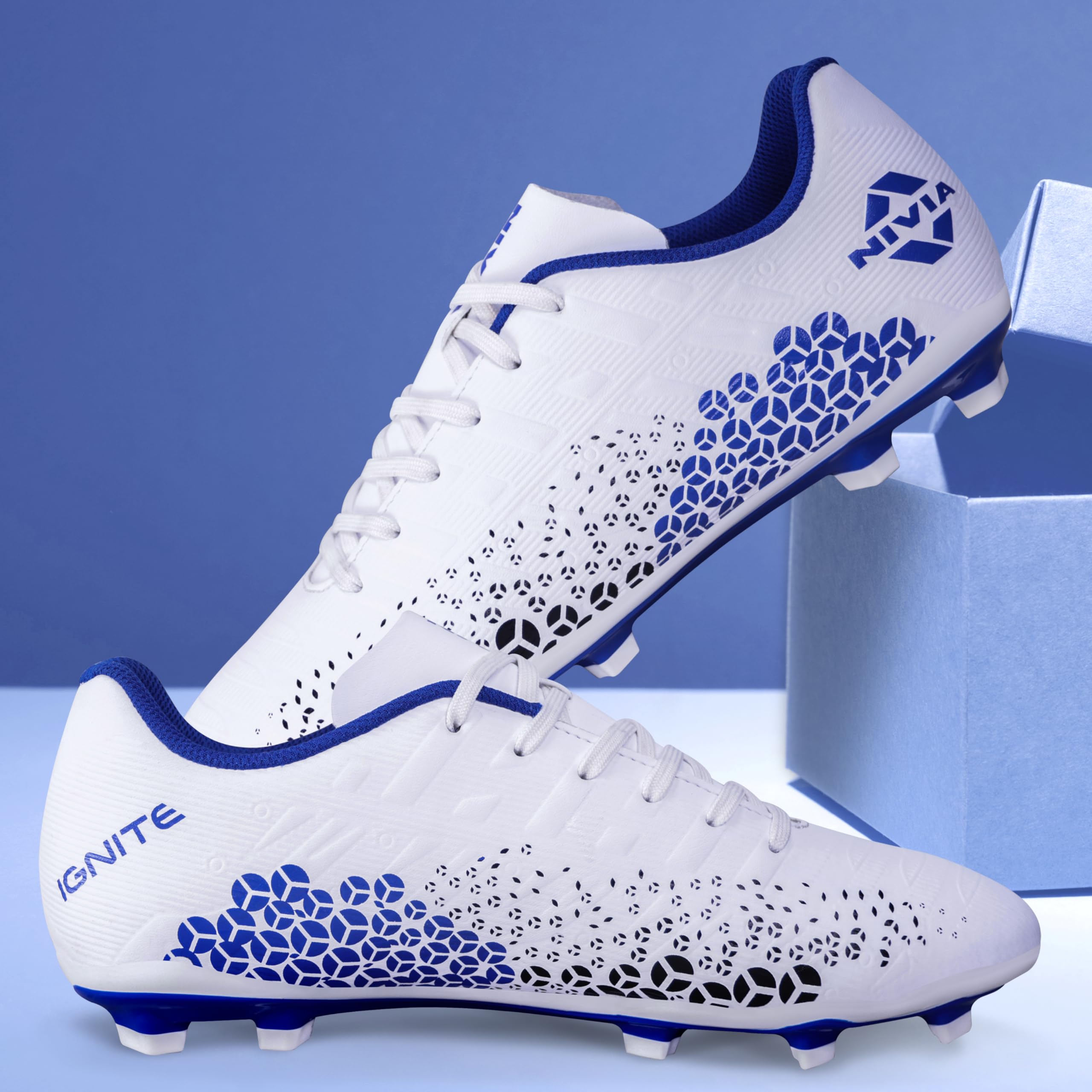 Nivia Ignite Football Stud Shoes for Men | High-Performance Footwear for Serious Footballers | All-Day Comfort for Intense Gameplay | Sports Shoes for Men | Football Shoes (White/Blue) Size-UK10 (B0D8JBS18S) Amazon Price History, Amazon Price Tracker