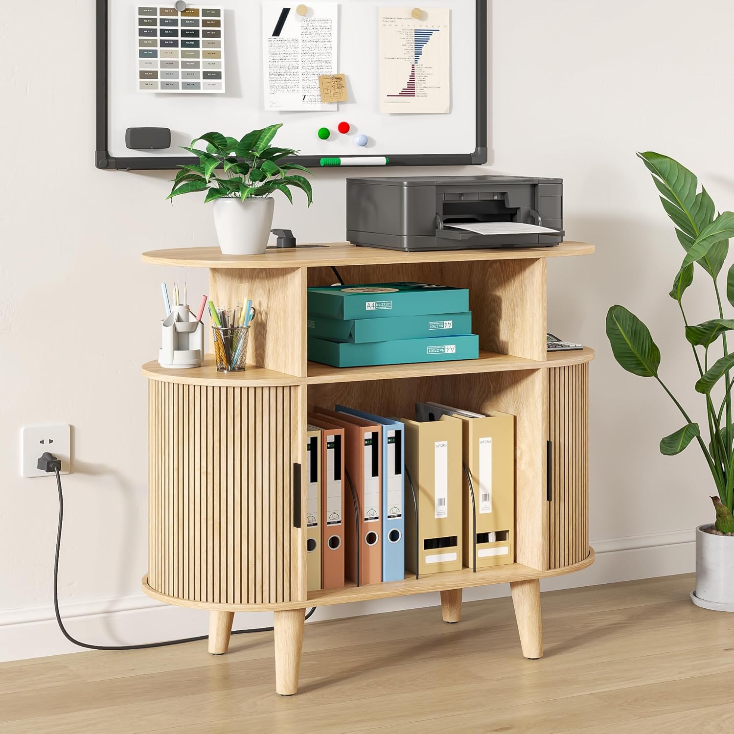 Fiogmub Round Printer Stand with Charging Station & USB Ports, 35.4 x15.7 x 30 Inches Large Printer Table 3 Tier with Storage Shelf for Home Office (Oak)