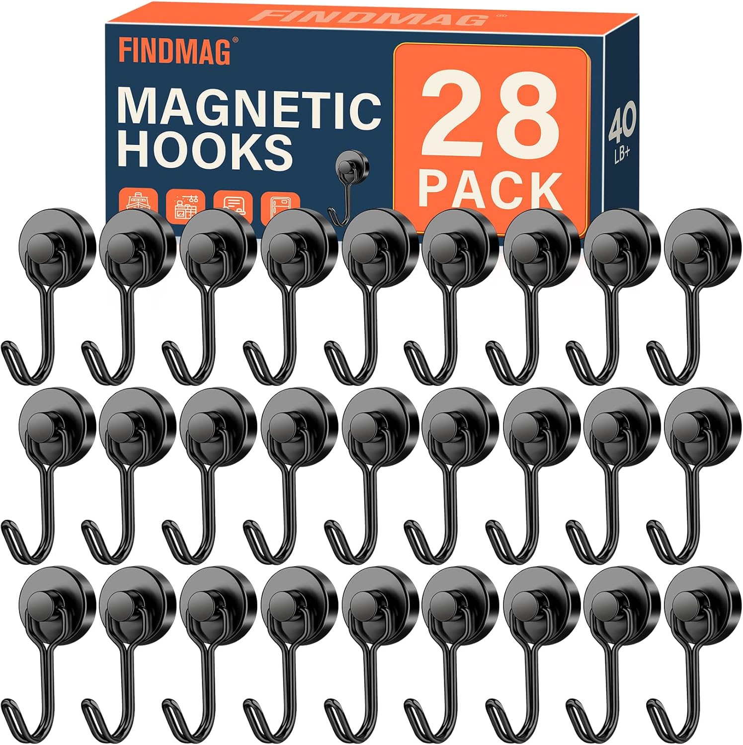 FINDMAG 40LB Magnetic Hooks, 28 Pack Heavy Duty Neodymium Hooks for Hanging, Strong Magnetic Hooks for Cruise Cabins, Refrigerator, Classroom, Locker Accessories, Grill