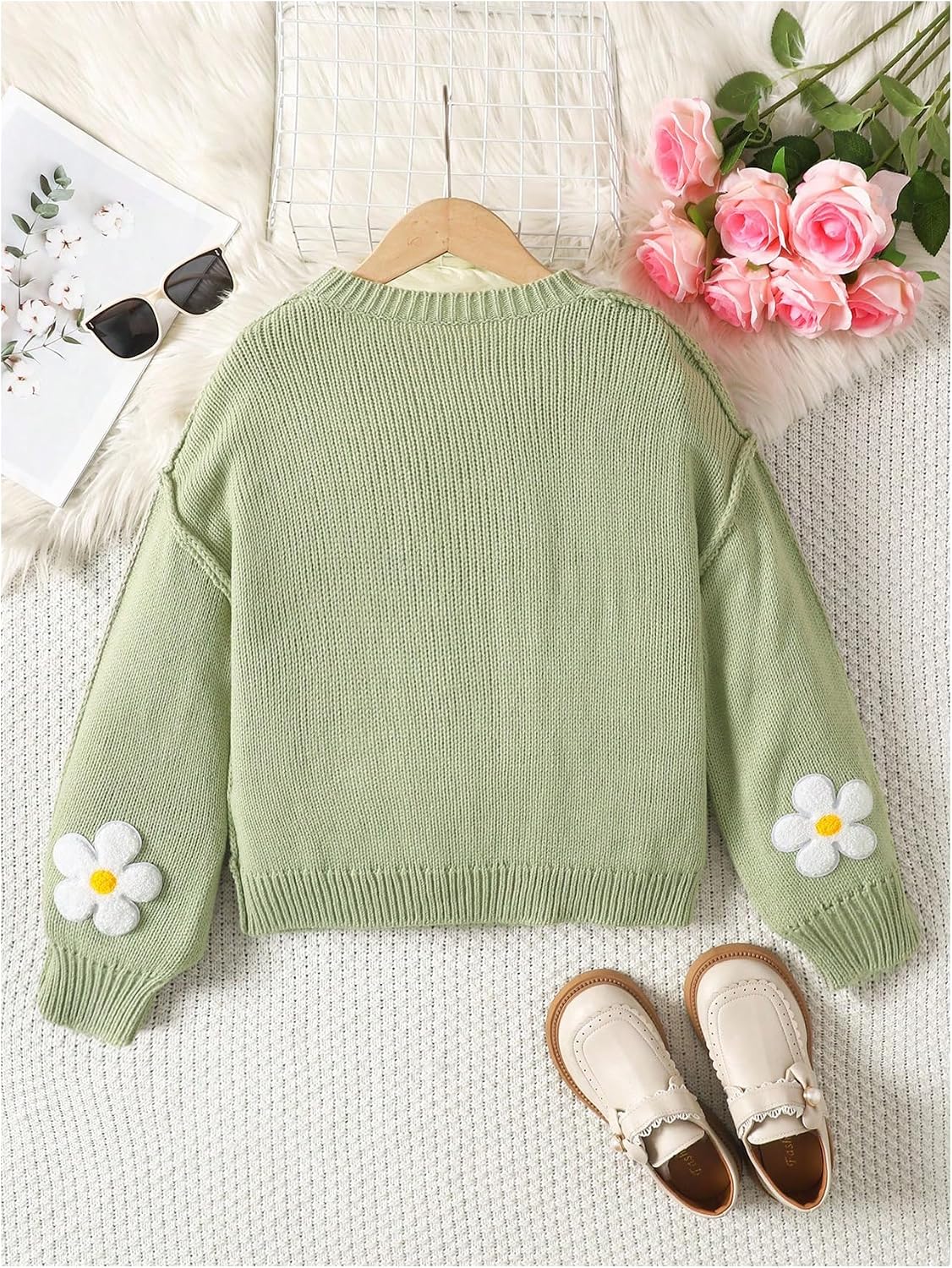 SHENHE Girl's Floral Sweater Crew Neck Drop Shoulder Loose Fit Fall Knit Sweater Jumper