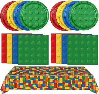 81Pcs Building Blocks Themed Birthday Party Decorations Building Block Birthday Party Supplies Colorful Plates Napkins and Tablecloth Set for Boys, Kid’s Birthday Party Decorations Serve 20