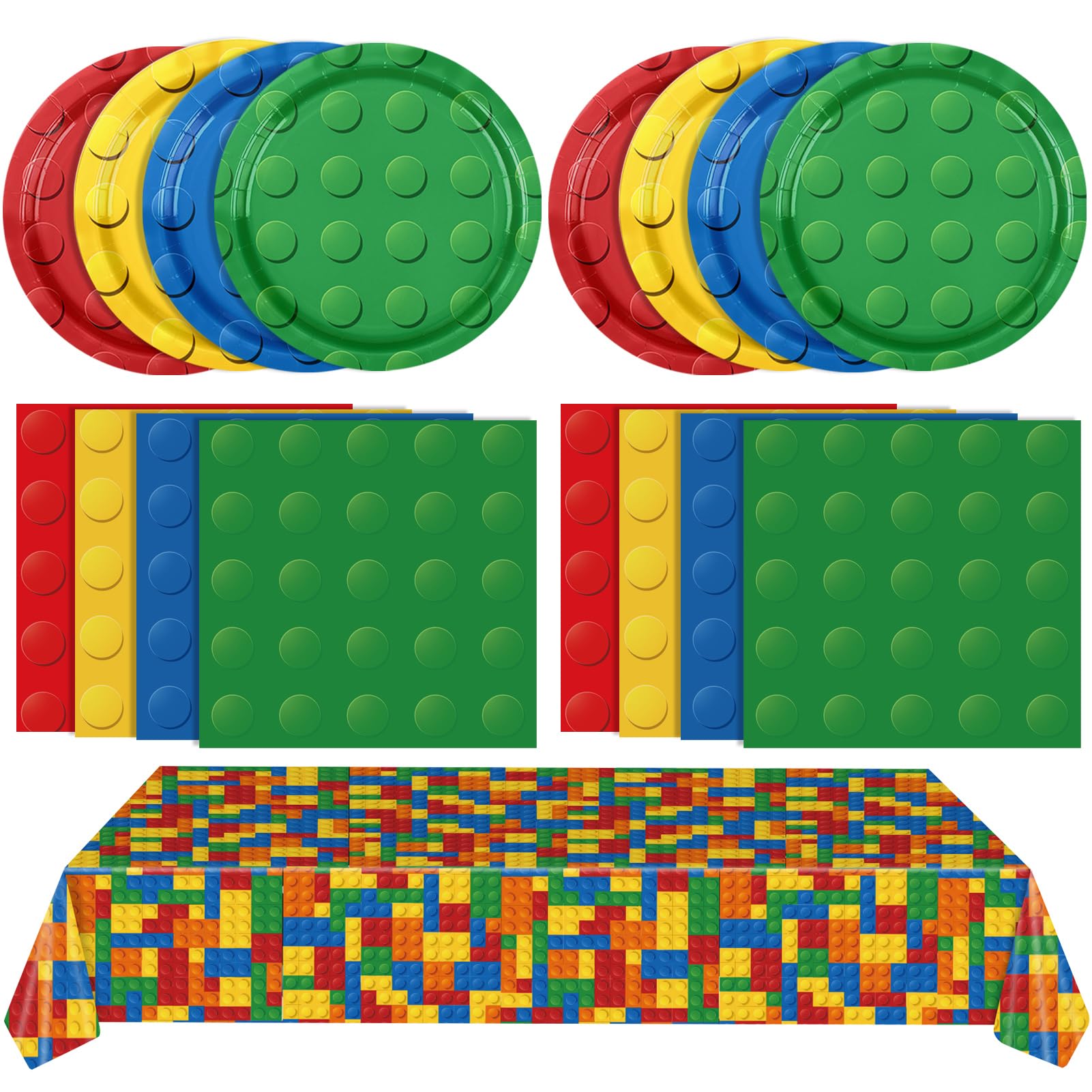LOIYSHINE 81 PCS Building Block Birthday Party Supplies - Colorful Themed Tableware Set With Disposable Plates, Napkins, Tablecloth for Boys Kid's Birthday