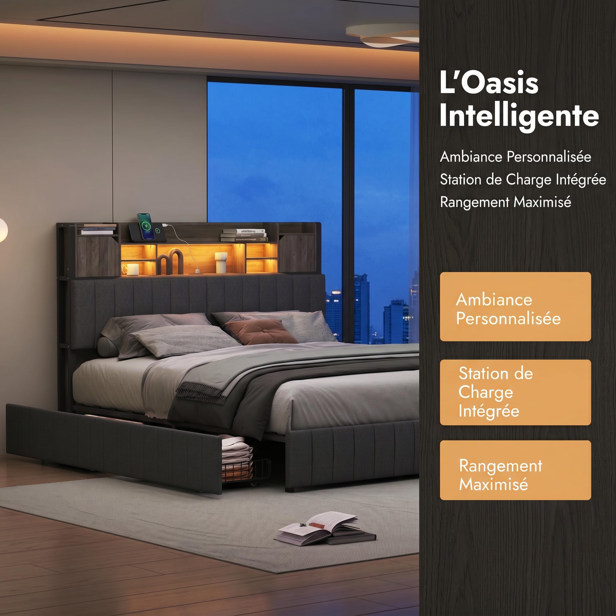 LONELYO Lit Coffre 160x200 avec Sommier LED et USB, Tête de Lit Capitonnée en Bois, Cadre en Lin Moderne, 4 Tiroirs Coulissants, Gris
