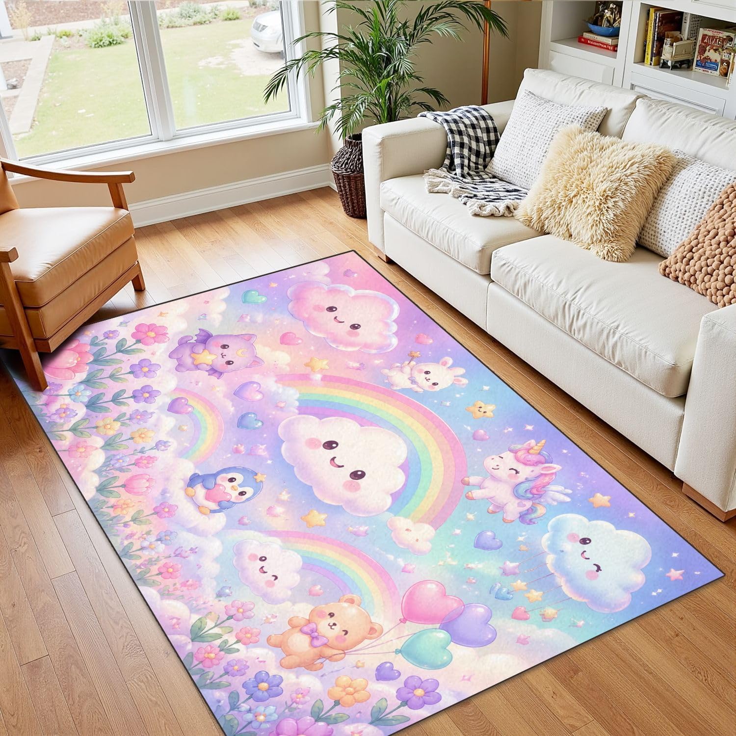 4x5 Boho Rug Rugs for Living Room Rugs for Entryway Cute Cartoon Dinosaurs Colorful Prehistoric Landscape Bedroom Rug Door Mat Nursery Room Decor Rainbow Carpet