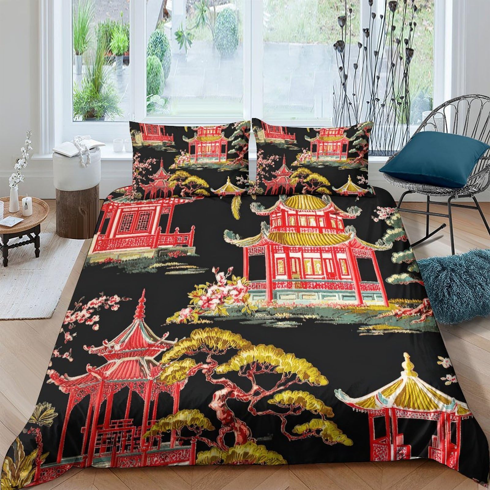Ctjqhvkz Style-7 3D Printed Oriental Pagoda Fitted Sheet Microfiber Soft Black Red Landscape Mattress Cover For Bedroom Guestroom Decor Single（135X200cm）