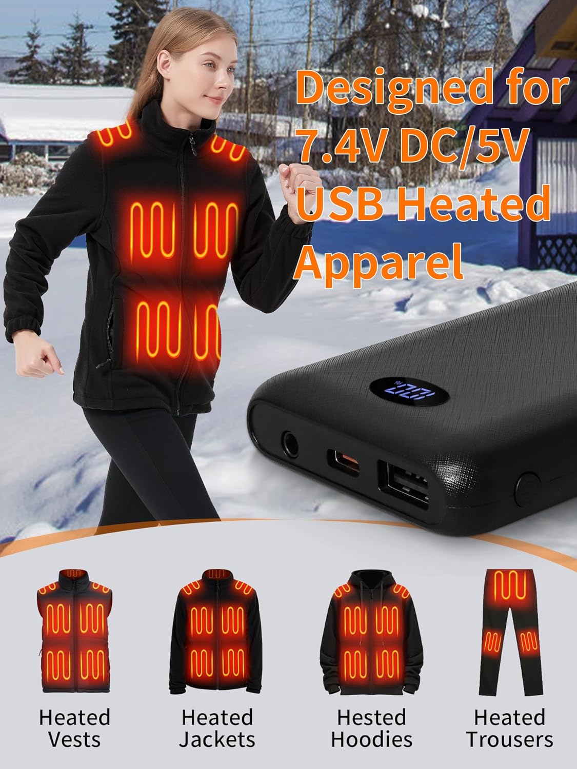7.4V/5V Battery Pack for Heated Vest, Pocket Size 10000mAh Power Bank for Heated Blanket, Hoodie, Pants, Ultra Slim Portable Heat Jacket Vest Battery Pack for Heat Apparel - Image 2