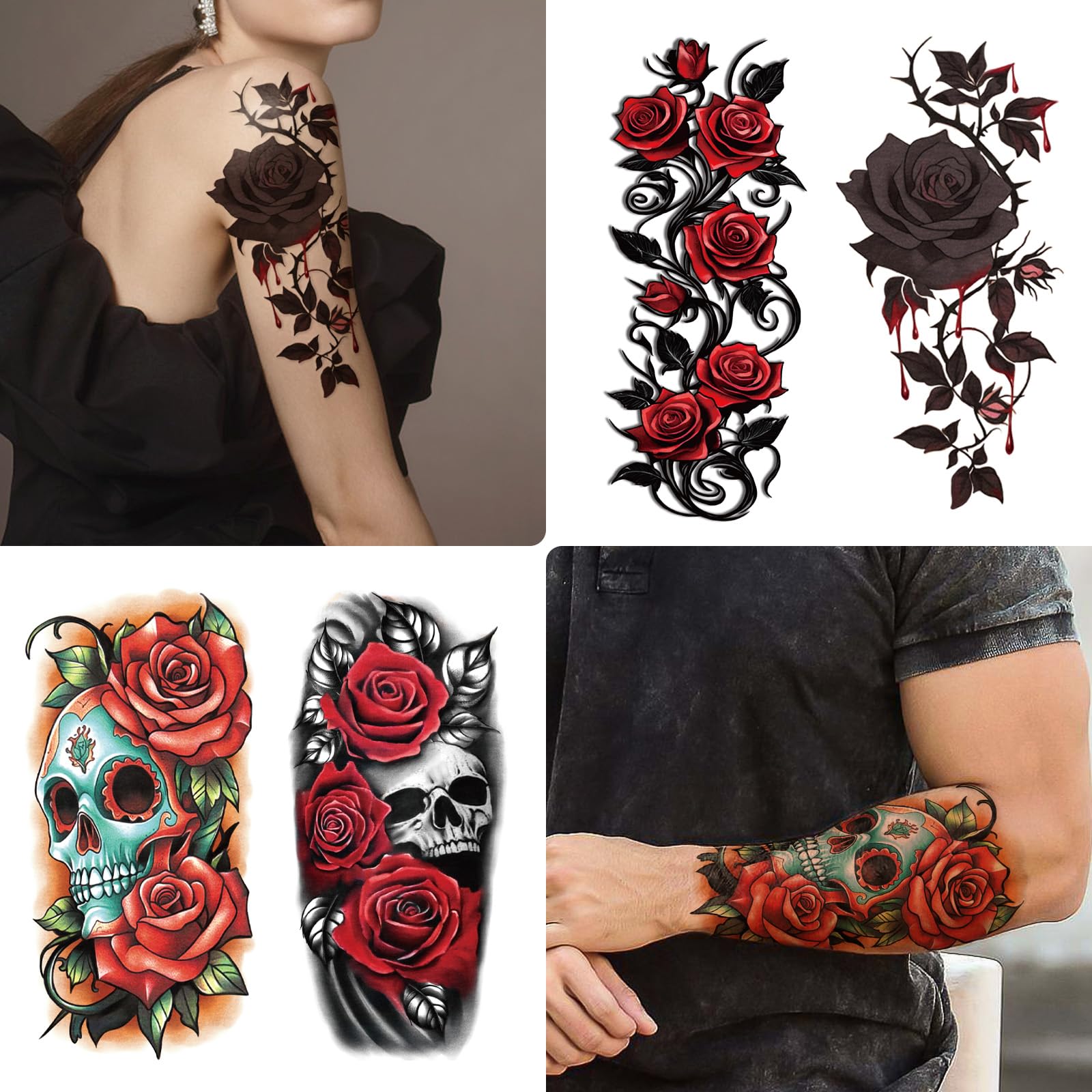77 Sheets Skull Flower Realistic Temporary Tattoos for Women Men Adult Large Rose Bones & Flowers Floral Fake Tattoos Girl - Image 4