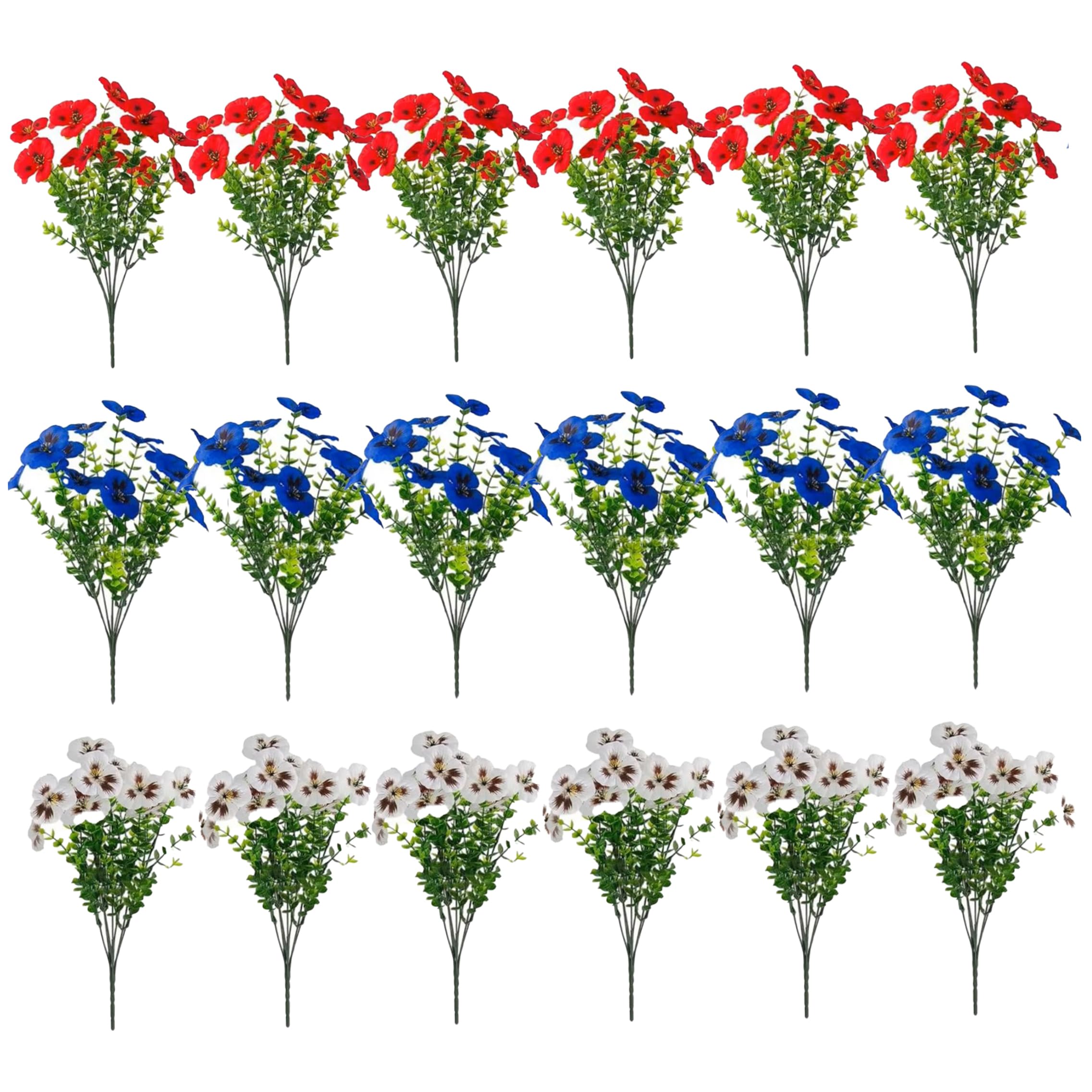 Gemuseeee Red White and Blue Flowers 18PCS Realistic Artificial Pansies for Outdoors Patriotic 4th of July Decorations for Garden Yard Porch Balcony 15in