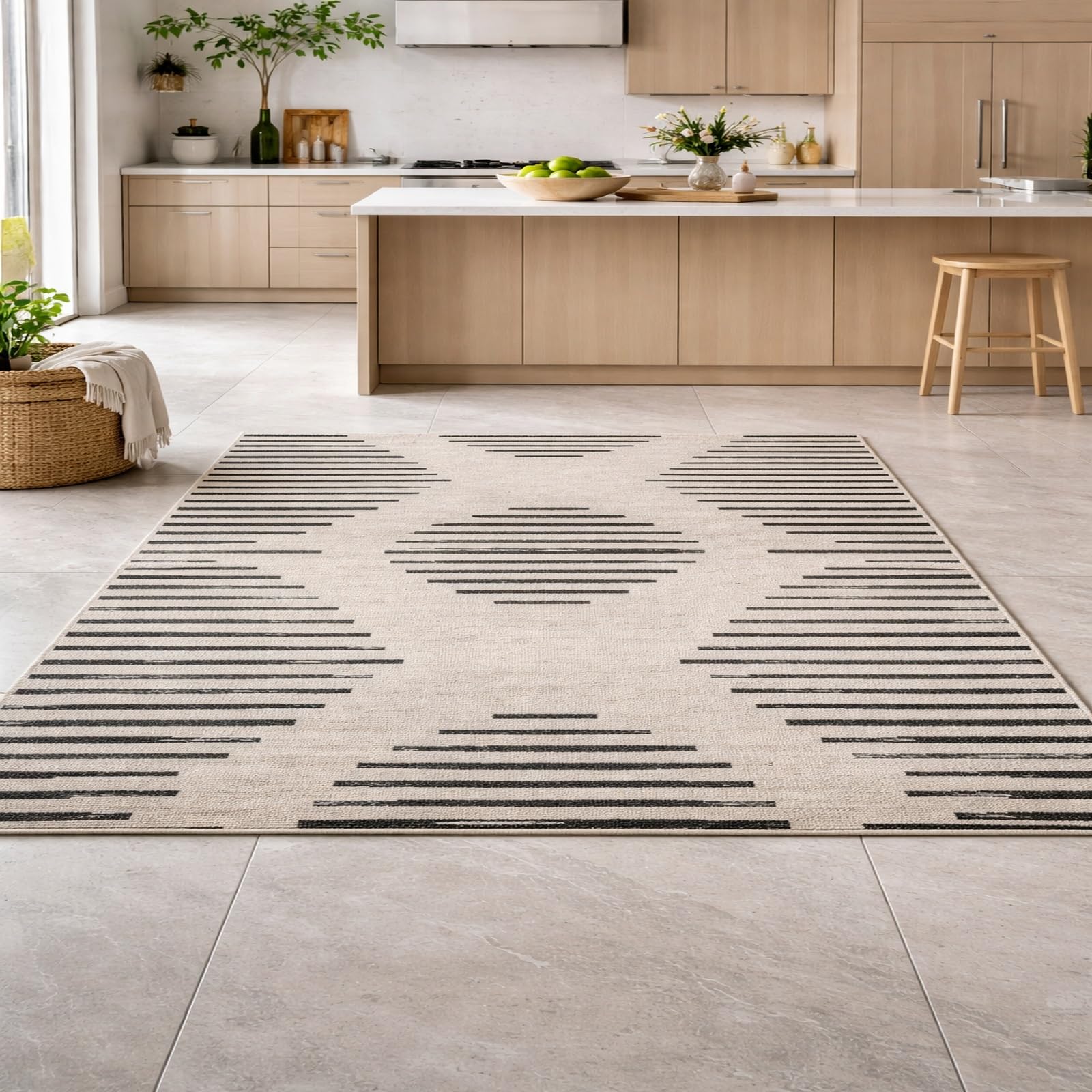 Tapis poils courts géométrique beige et noir 80x120 cm pour salon