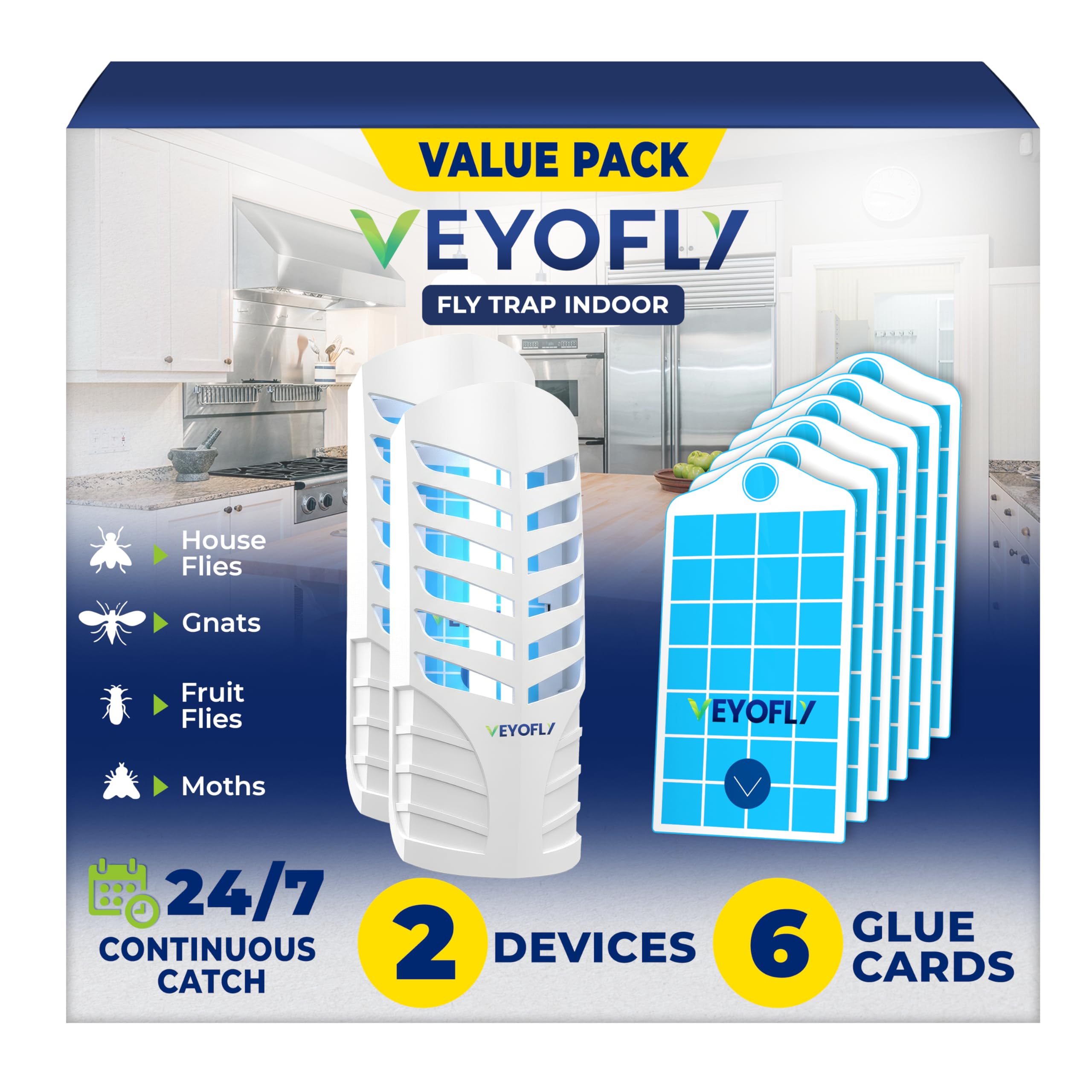 VEYOFLY Fruit Fly Traps for Indoors, Fly Trap Indoor, (2 Device + 6 Refills) Fly Catcher Indoor, Gnat Traps for House Indoor, Fly Trap, Plug in Light Flying Insect Trap, Bug Killer