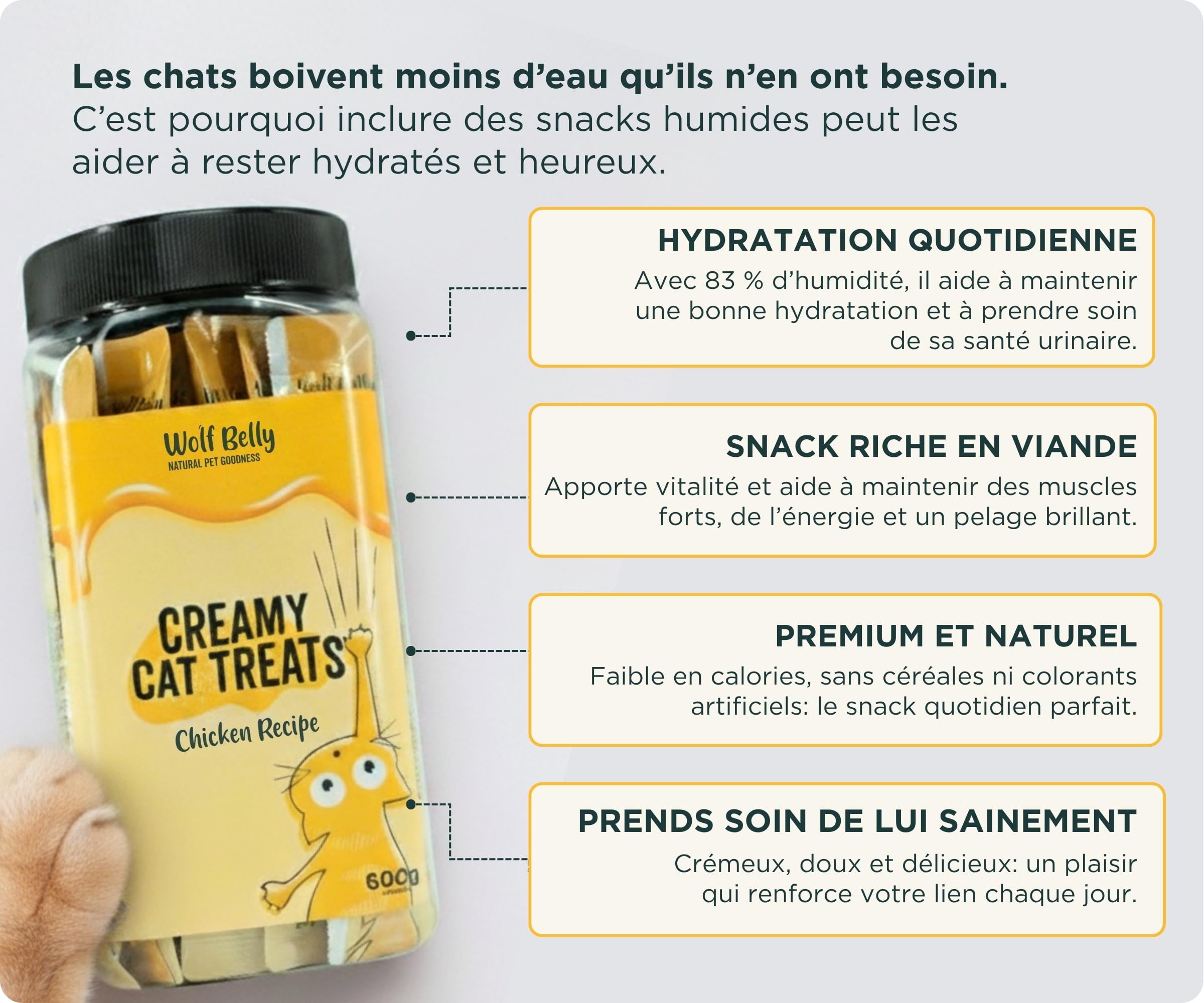 Wolf Belly - Liquid Snack pour Chat (40 uds x 15 g) à Base de Poulet | Creamy Friandises Saines Riches en Protéines | sans Céréales ni Colorants Artificiels - Fabriqué en Europe