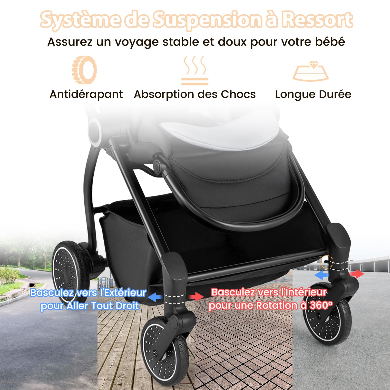 COSTWAY Poussette Canne Bébé 0-3 Ans(Charge 15 kg) avec Siège Réversible & Dossier Inclinable, Poussette Compacte et Légère Pliable avec Auvent Réglable & Panier Inférieur, Harnais à 5 Points (Noir)