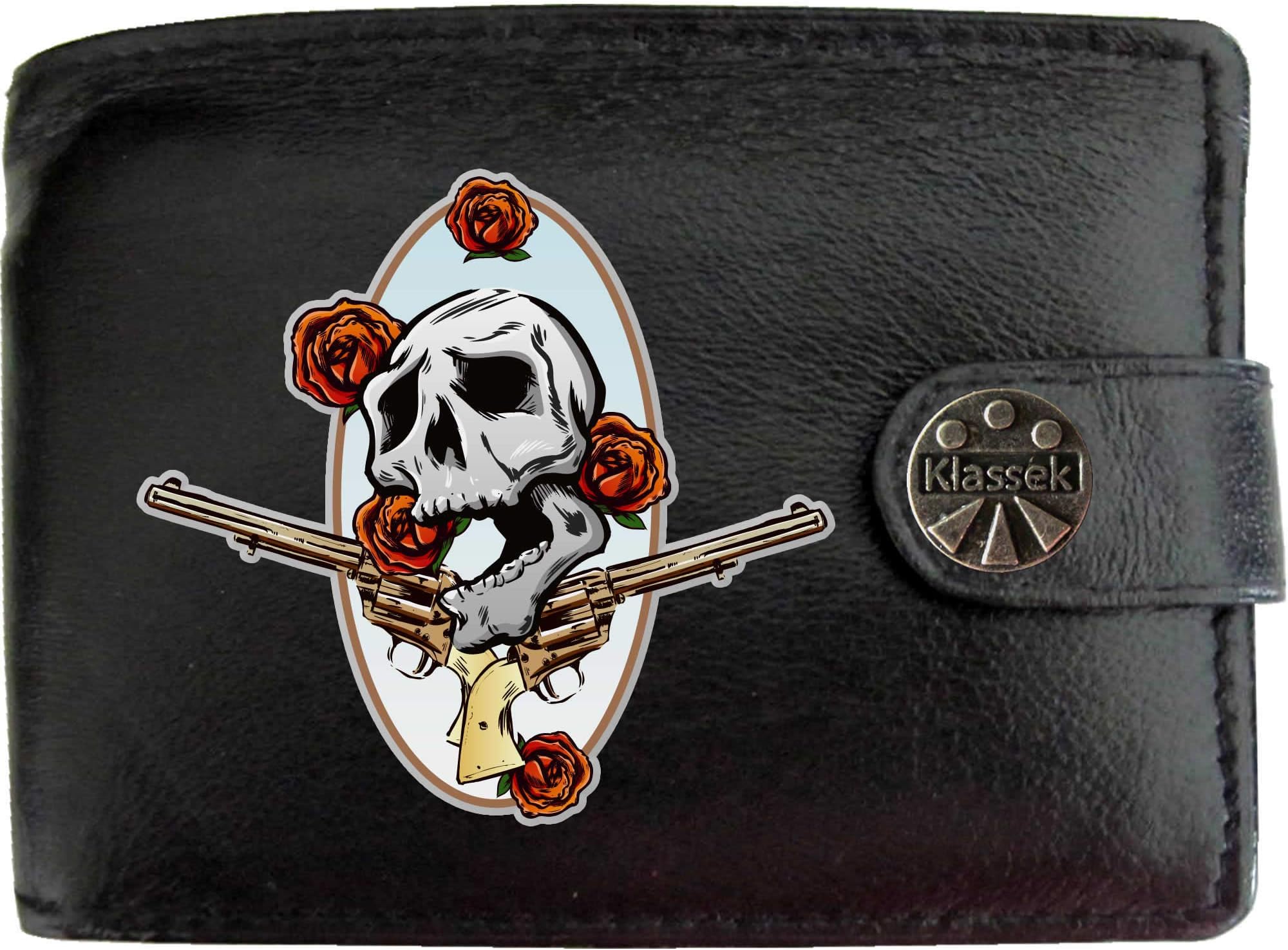 Skull Guns and Roses American Western Cowboy Mens Wallet Real Black Leather RFID Blocking with Coin Pocket and Metal Gift Box