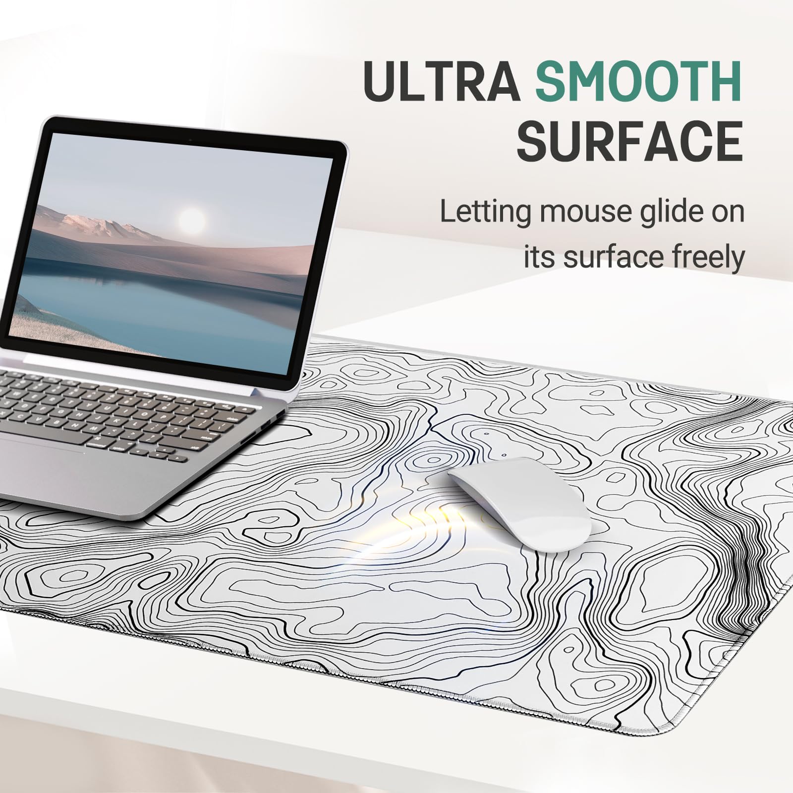 Topographic White Gaming Mouse Pad Black Desk Mat,Office Desk Pad,XXL Large Mouse Pad For Desk 35.4x15.7in Mousepad With Stitched Edges,Non-Slip Rubber Base,Waterproof Computer Keyboard Pad