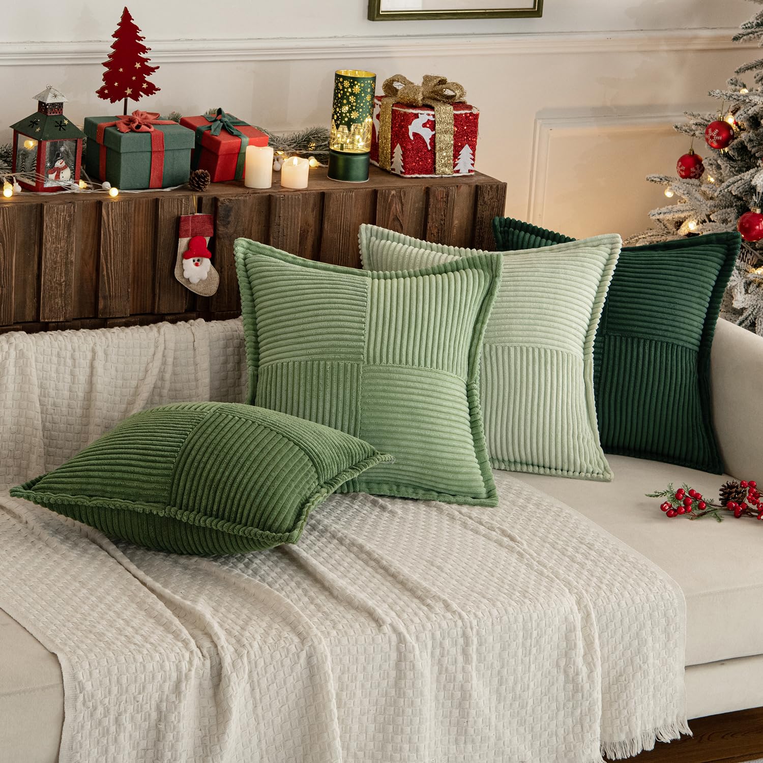 MIULEE Corduroy Cushion Covers Pack of 4 Decorative Modern Patchwork Throw Pillow Covers Soft Pillowcase Cushions for Home decor Sofa Couch with Invisible Zipper 16x16 Inch Green Series - Image 3