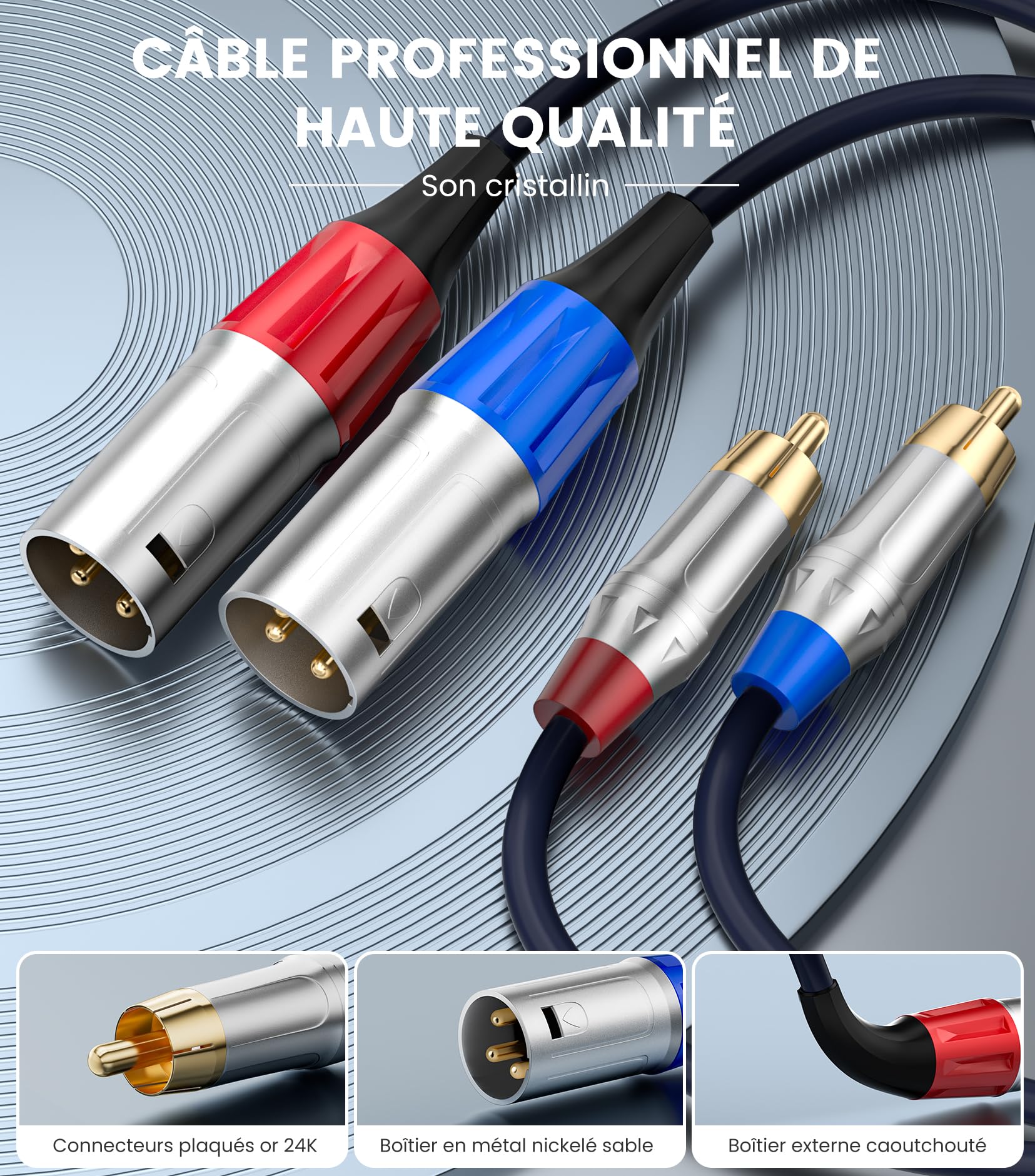 Tisino Câble double RCA vers XLR, 2 RCA vers 2 XLR mâles HiFi stéréo connexion microphone câble câble de chemin - 1 m