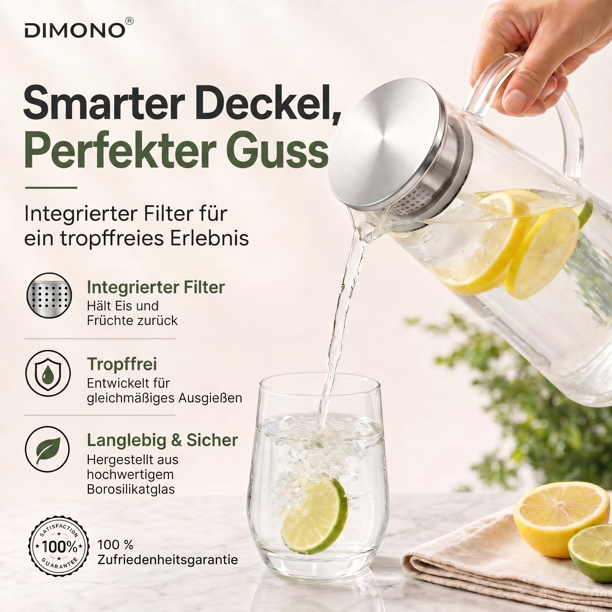 Wasserkrug Wasserkanne Krug 1,5 Liter, Glaskrug mit Filter und Deckel aus Edelstahl Getränkekaraffe für heißes u. kaltes Wasser Eistee Kaffee Milch Saft Glaskaraffe mit Griff