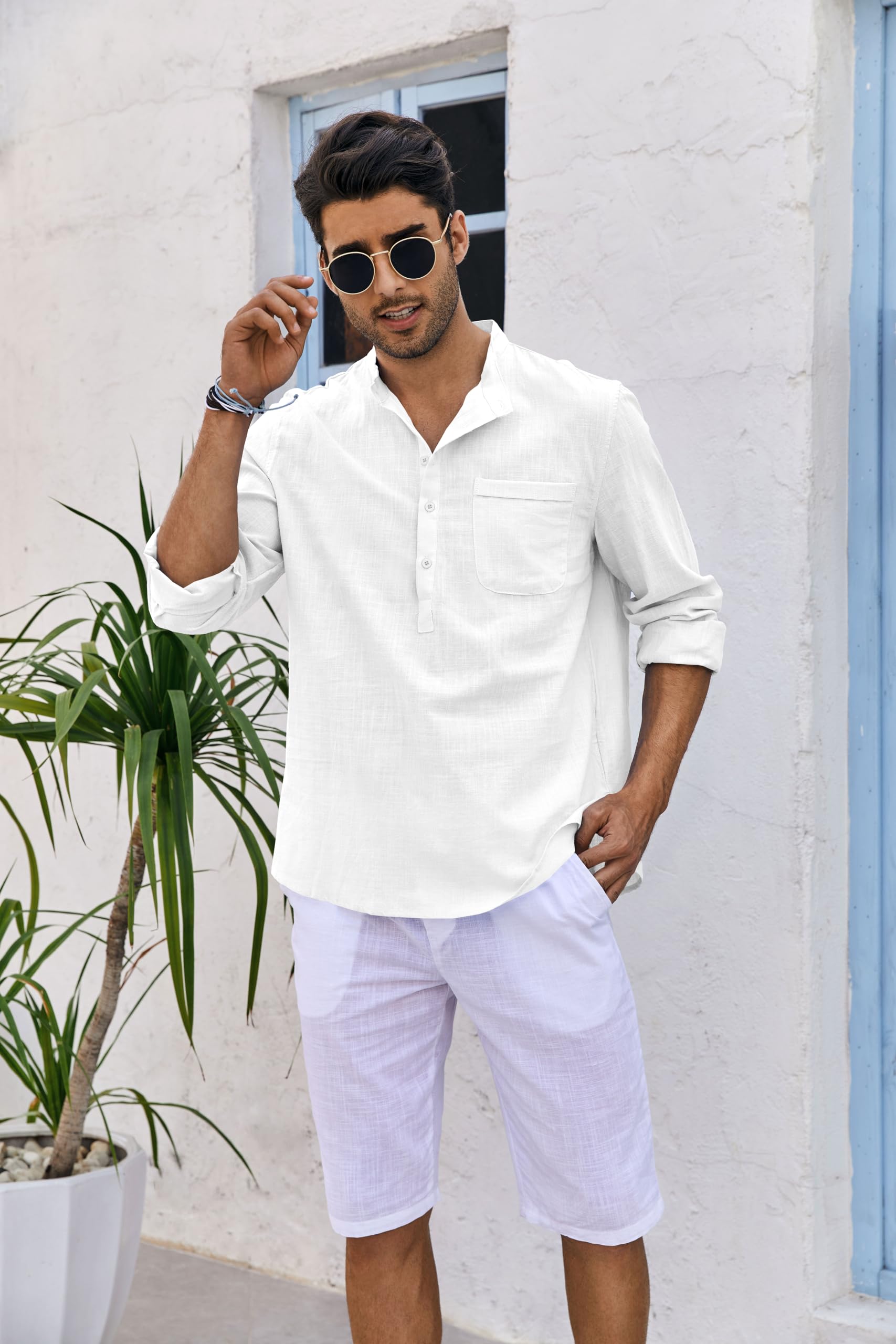 Runcati Camisa de lino para hombre, manga larga, algodón, lino, camisa de ocio, corte regular, para playa, verano