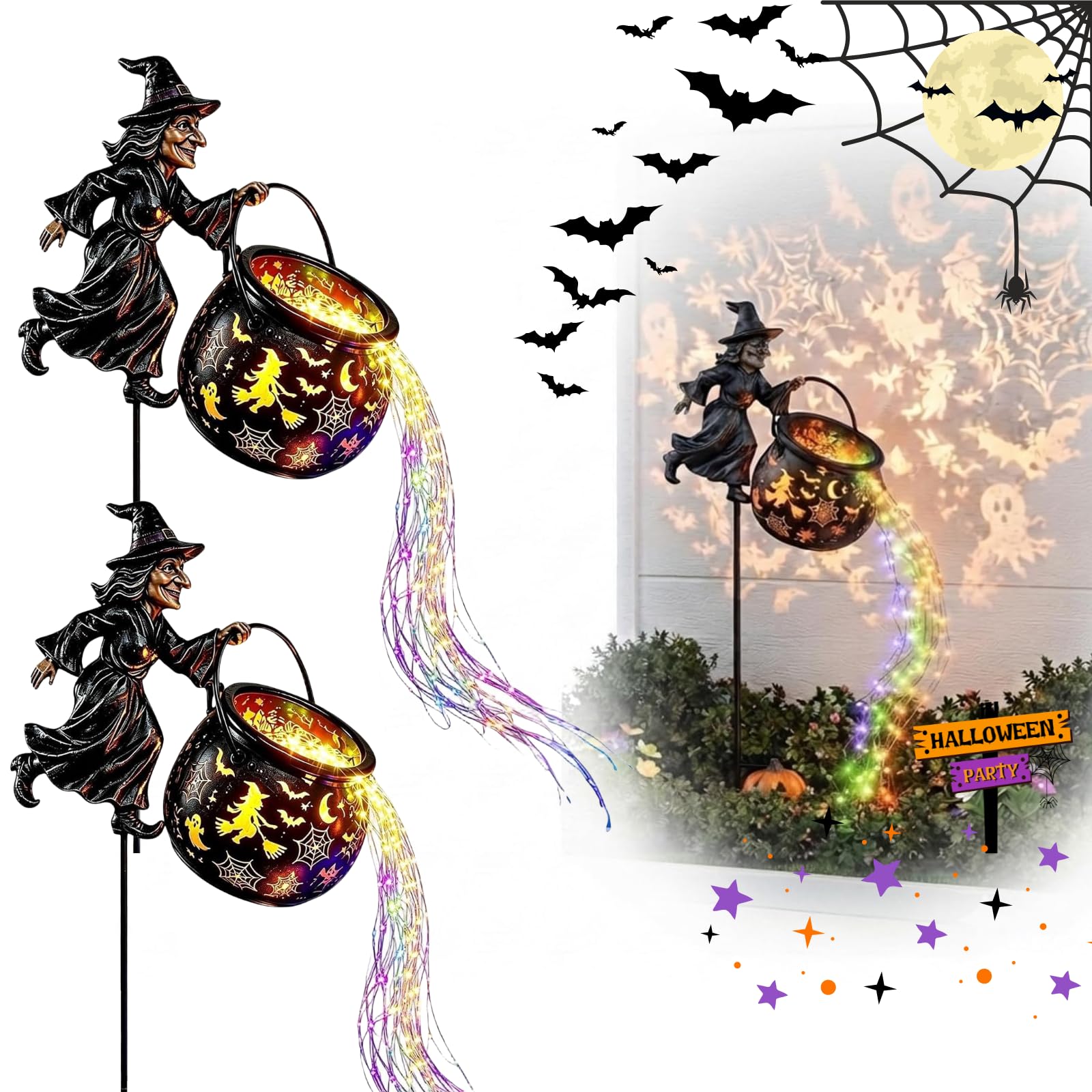 2PCS Halloween Solar Witch Cauldron Garden Stake Lights