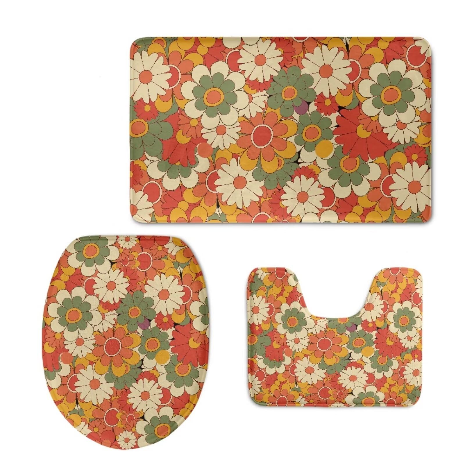 Coloranimal Colorful Abstract Hippy Daisy Flower Bath Rug 3 Piece Set Y2K Aesthetic Groovy 60s 70s Floral Pattern Bathroom Mats + U-Shaped Toilet Pedestal Rug + Toilet Lid Cover Non slip Carpets