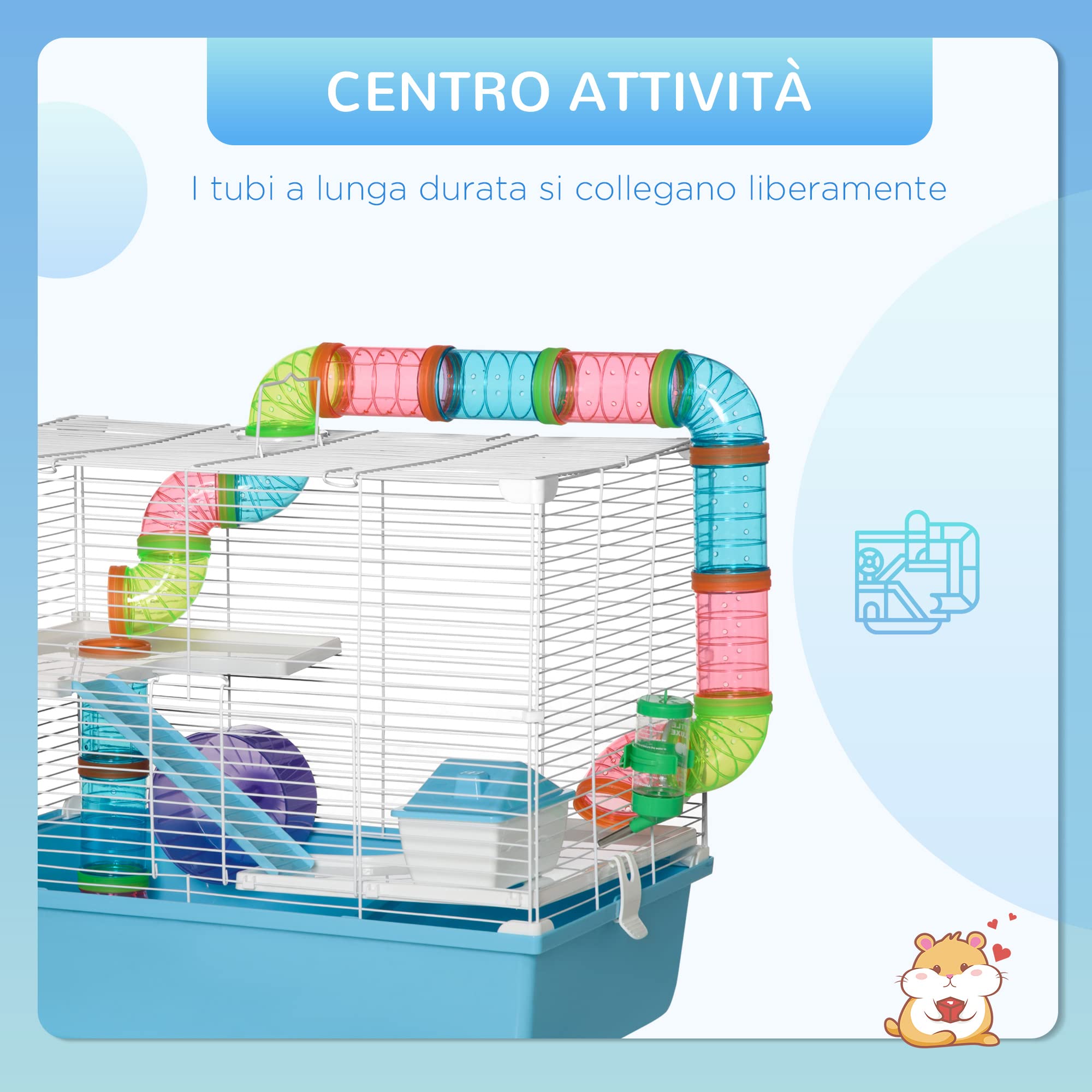 PawHut Gabbia per Criceti a 3 Livelli con Tubi, Casetta, Serbatoio dell'Acqua e Ruota, 59x36x47 cm, Azzurro e Bianco