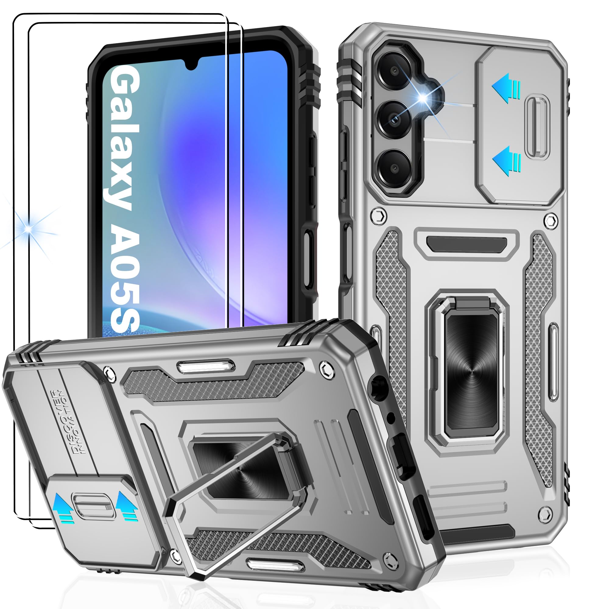 Gritup for Samsung Galaxy A05s 4G Case with Slide Camera Cover | 2-Pack HD Screen Protectors | 360° Rotating Metal Kickstand | MIL-Grade Shockproof