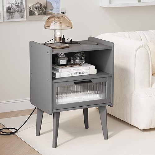 Miniatura 4 de Mesita de noche con estación de carga, juego de 2 mesitas de noche, mesa auxiliar con 2 niveles de espacio de almacenamiento, para dormitorio, sala