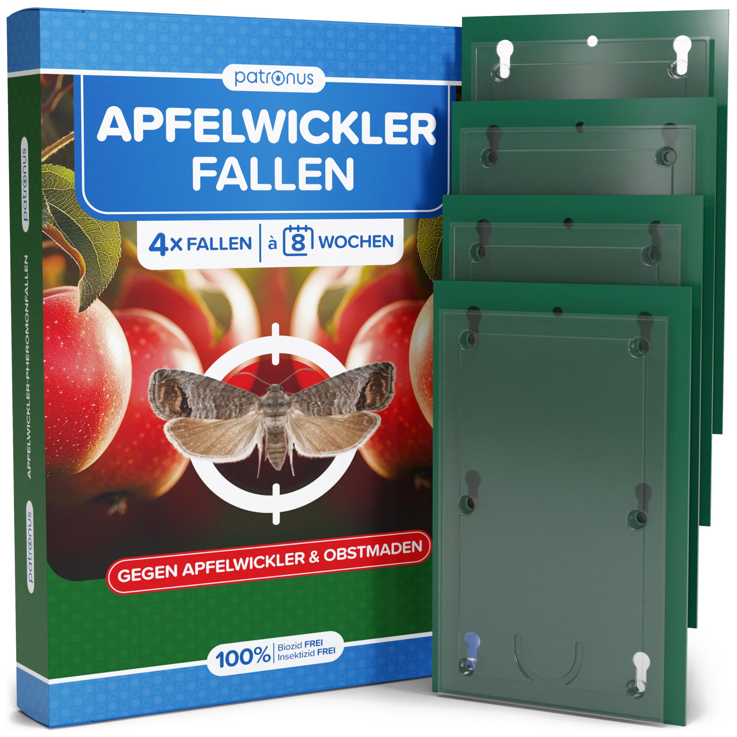 Apfelwickler Pheromonfallen [4 Stück] für wurmfreie Äpfel - Pheromonfalle Apfelbaum mit starkem Lockstoff, Monitoring-Obstmadenfalle wetterfest & unauffällig für Apfelbäume & Obstgärten