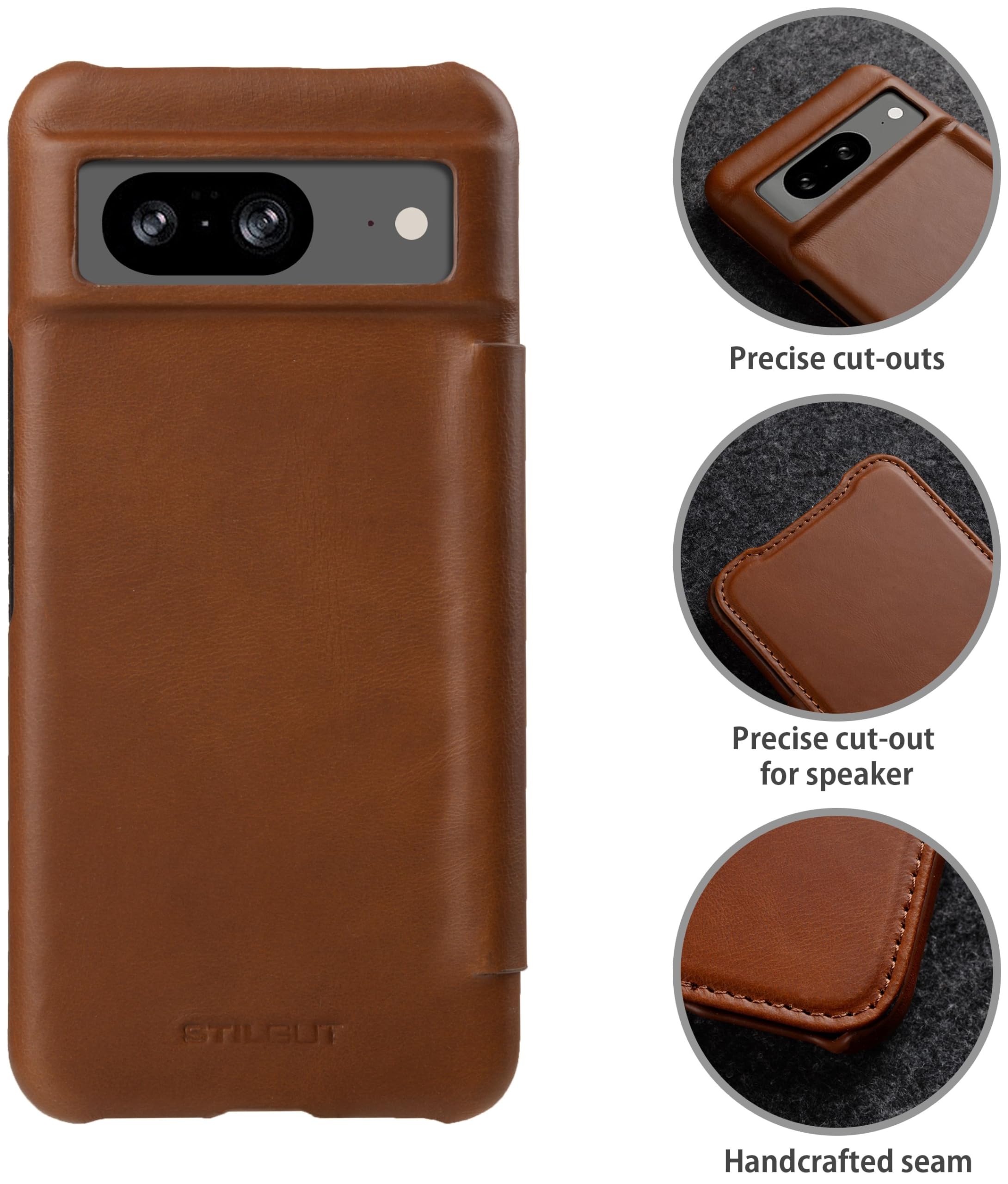 STILGUT Book Case Compatible with Google Pixel 8 Leather Case, Leather Case, Flip Case, Mobile Phone Case - Cognac - Image 2