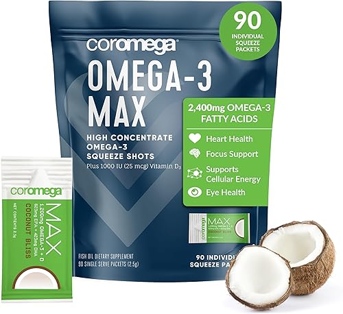 Miniatura 1 de Coromega Aceite de pescado Omega 3 de alto concentrado 2400 mg de Omega-3 con 3 veces mejor absorción que las cápsulas blandas 90 paquetes de una