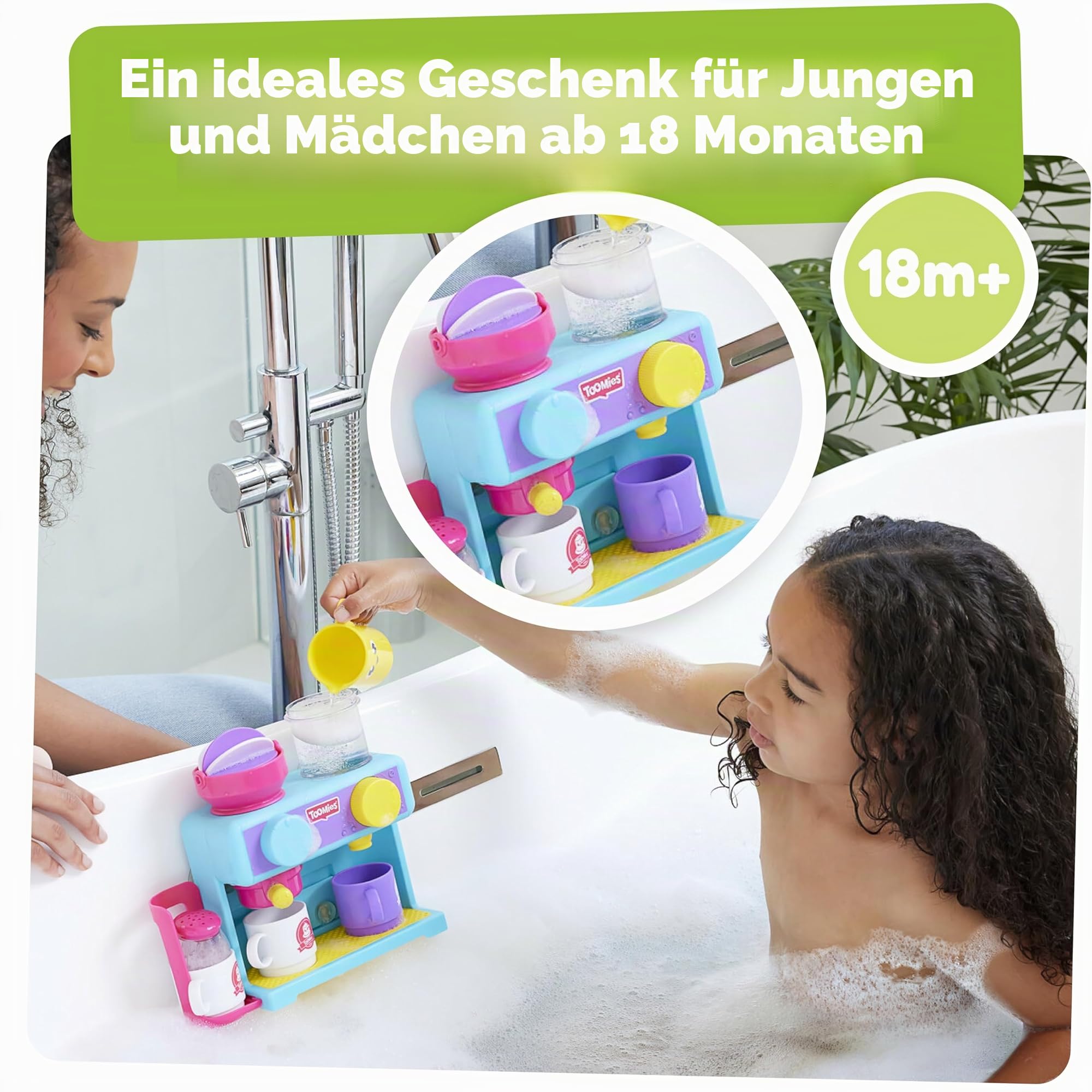 Tomy Toomies Bade-Barista, Wandmontiertes Baby-Badespielzeug als Café & Schaumbad-Spielküche für Kleinkinder - Küchen-Set: 3 Tassen, 1 Krug, 1 Shaker – ab 18 Monaten für Mädchen & Jungen