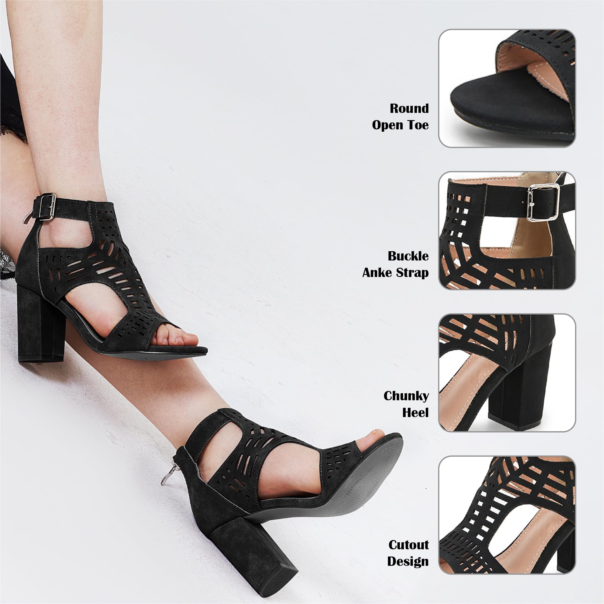 AOSPHIRAYLIAN Chunky Heeled Sandals for Womens Bohemian Cutout Open Toe Summer Block Heeled Party Sandals: 8 Black