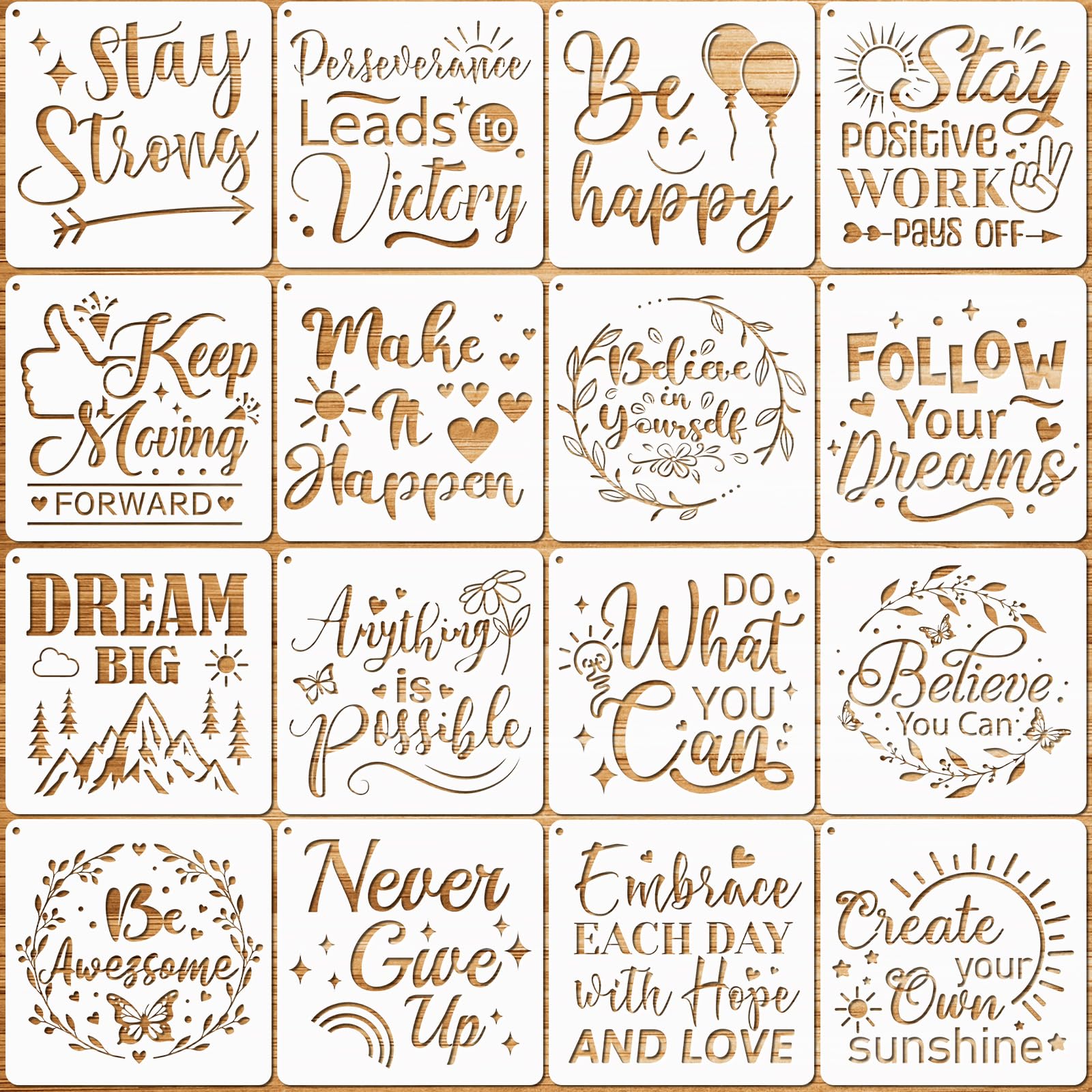 16Pcs Inspirational Word Stencils for Painting, Plastic Reusable Stencil Template for Craft, Motivational Quotes Drawing Painting Stencils Kit for DIY Wood Wall Home Decor Card Making, 13×13 CM