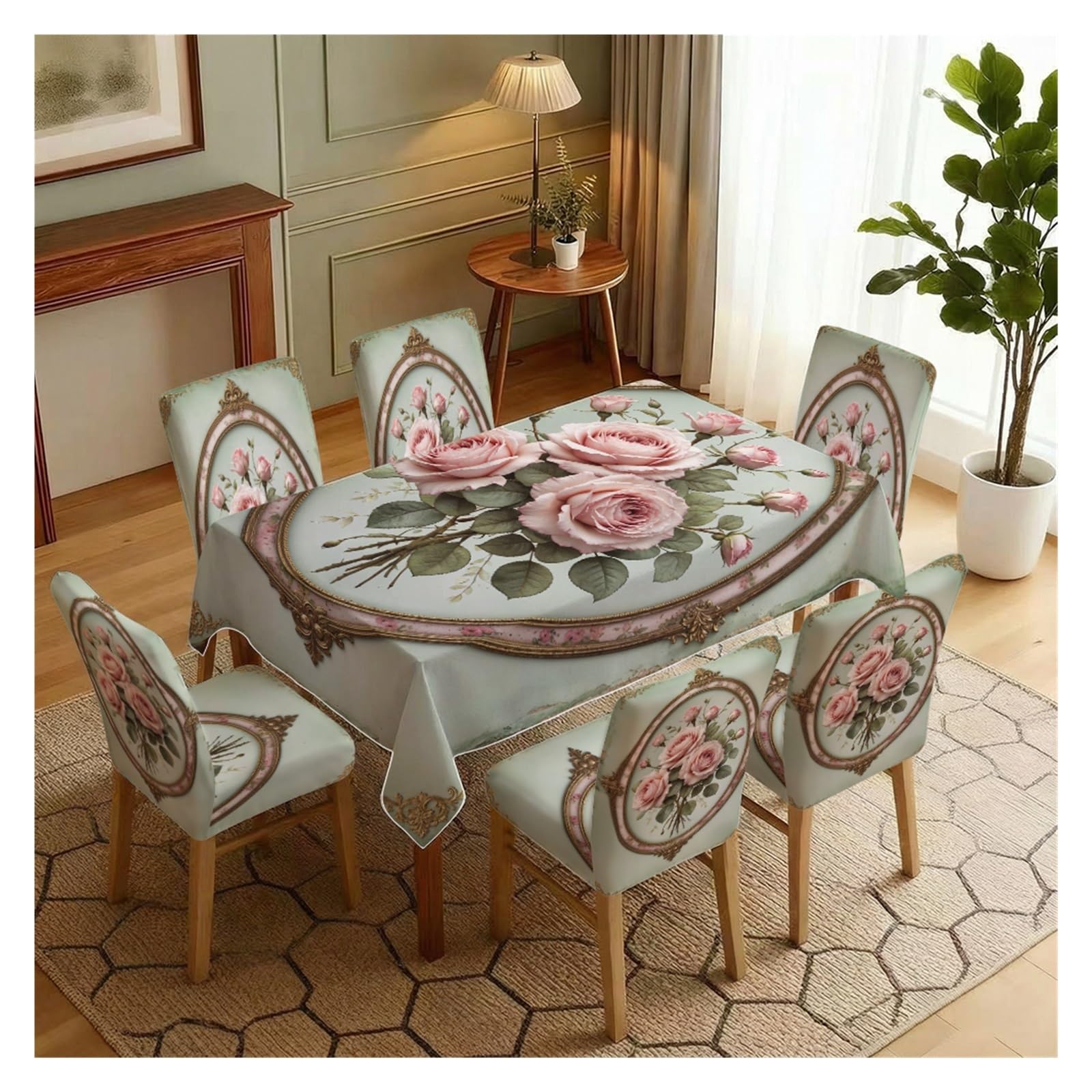 BOSUYBN Light Green Vintage Oval Frame Pink Rose Printed Dining Tablecloth & Chair Covers Set, 5/7 Piece Baroque Victorian Elegant Home Decor Table Setting(7pcs Set: Tablecloth+Chair Covers)