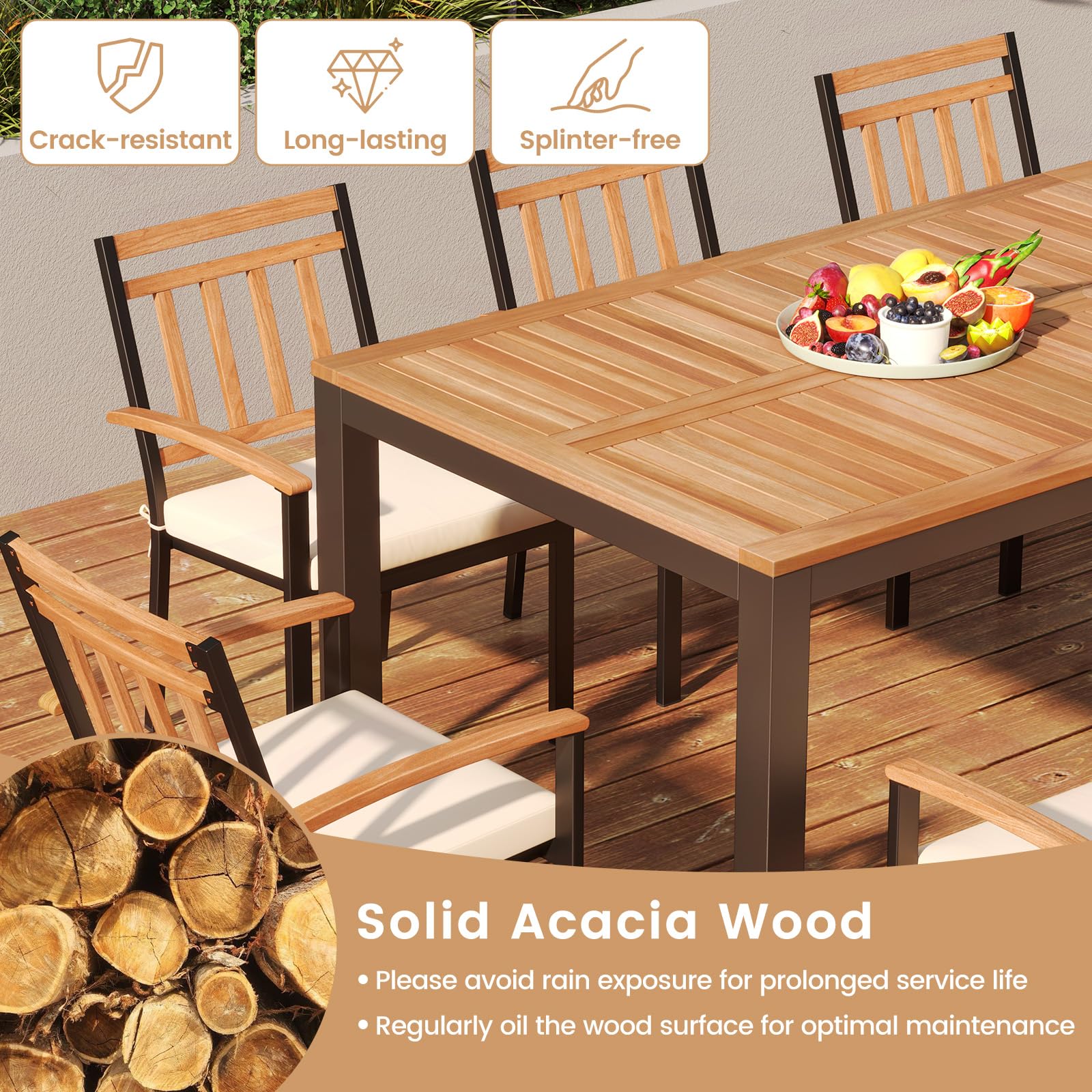 GIANTEX Tavolo da Giardino in Legno di Acacia per 8 Persone, Tavolo Rettangolare da Pranzo con Foro per Ombrellone, Struttura in Metallo, 200 x 90 x 75 cm, Naturale e Nero