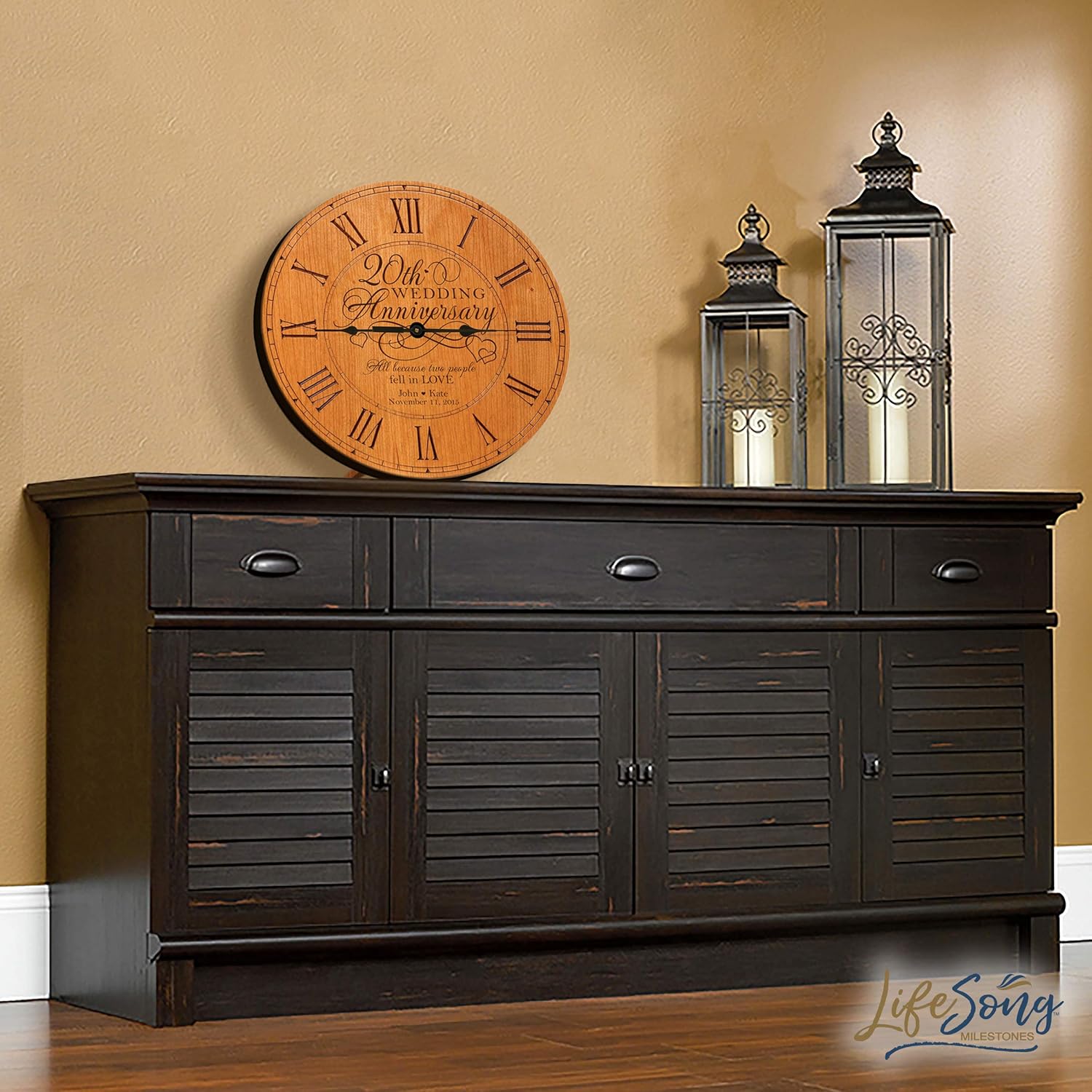 LifeSong Milestones Personalized 20th Anniversary Engraved Cherry Wall or Desktop Clock for Living Room Bedroom, Kitchen, Office, New Home, Couples Gift 12 Inch Diameter (All Because)