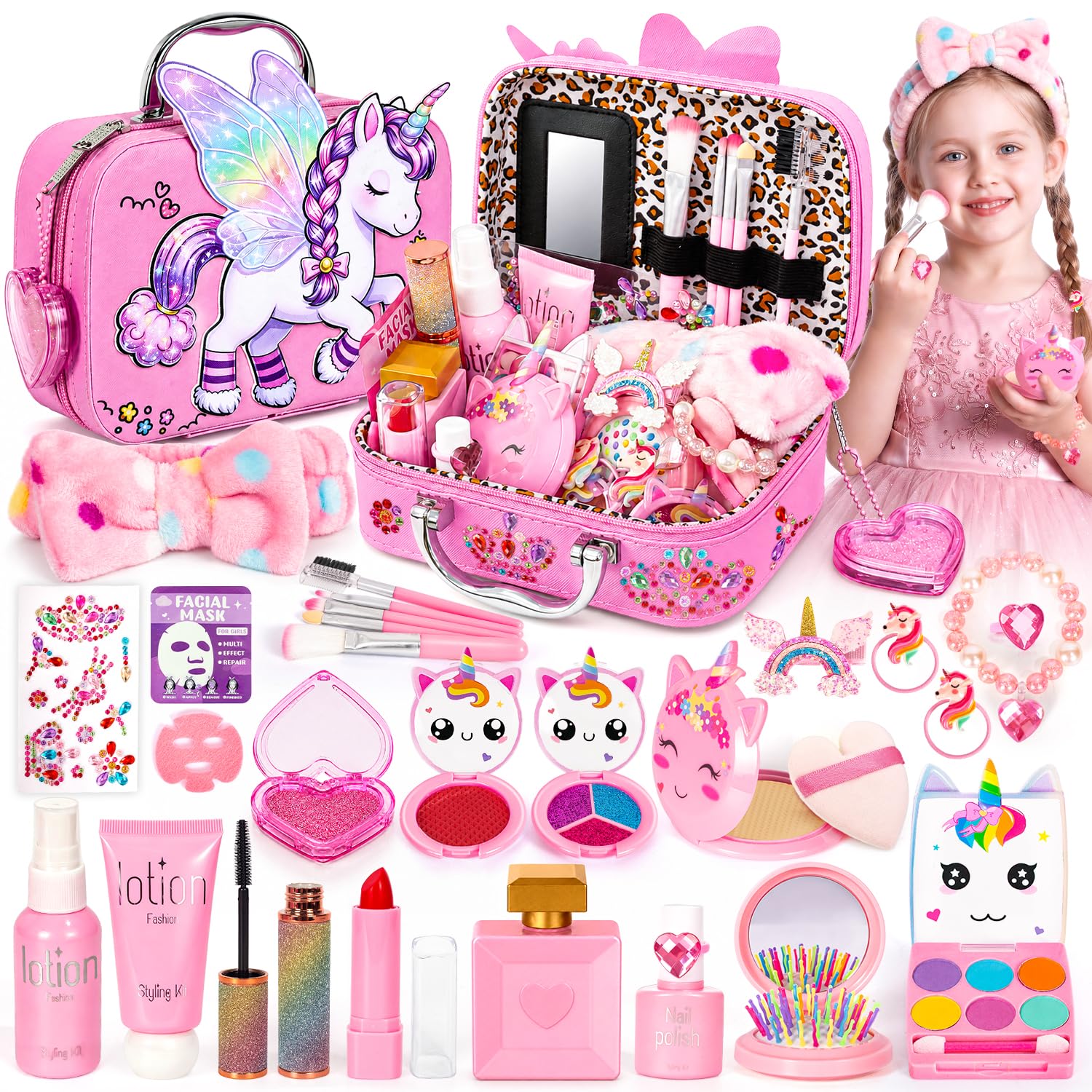 Kids Pretend Makeup Set for Girls, 27Pcs Fake Make Up Kit for Children 3-8