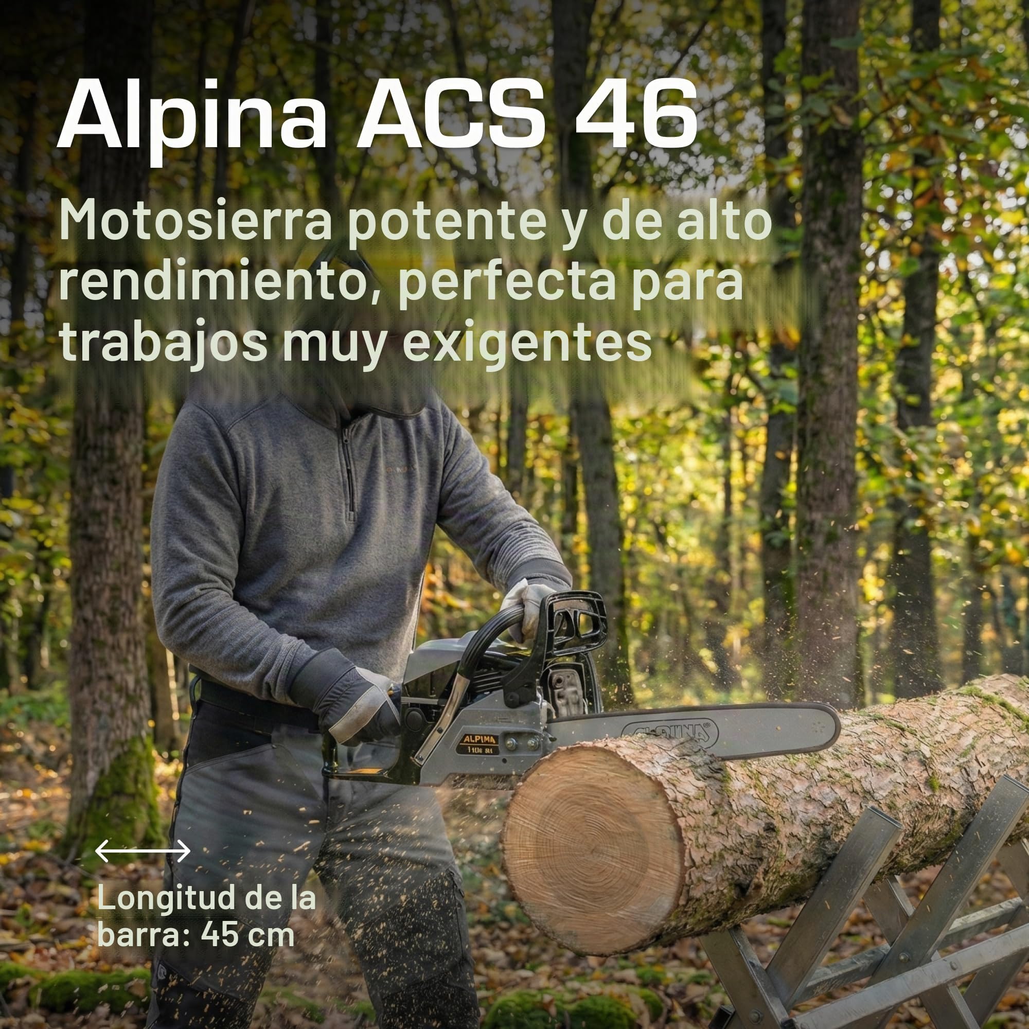 Alpina Motosierra de gasolina ACS 46 (18)’’, Para uso doméstico de corte de leña, Barra de corte 45 cm (148’), Motor de gasolina 45 cc, 1800 W, Velocidad de cadena 21 m/s, Bomba de aceite ajustable