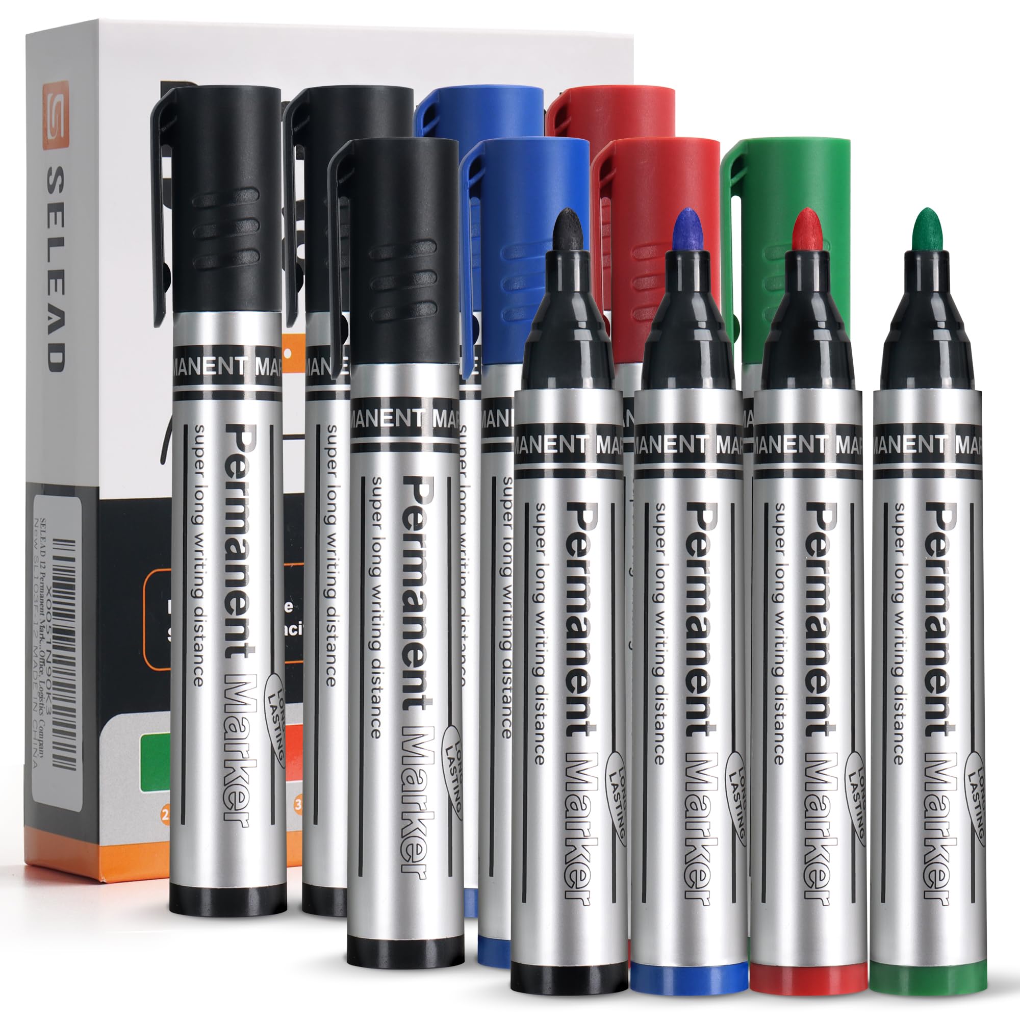 Large Permanent Markers Black Red Blue Green - 12 Pack, Fine Tip
