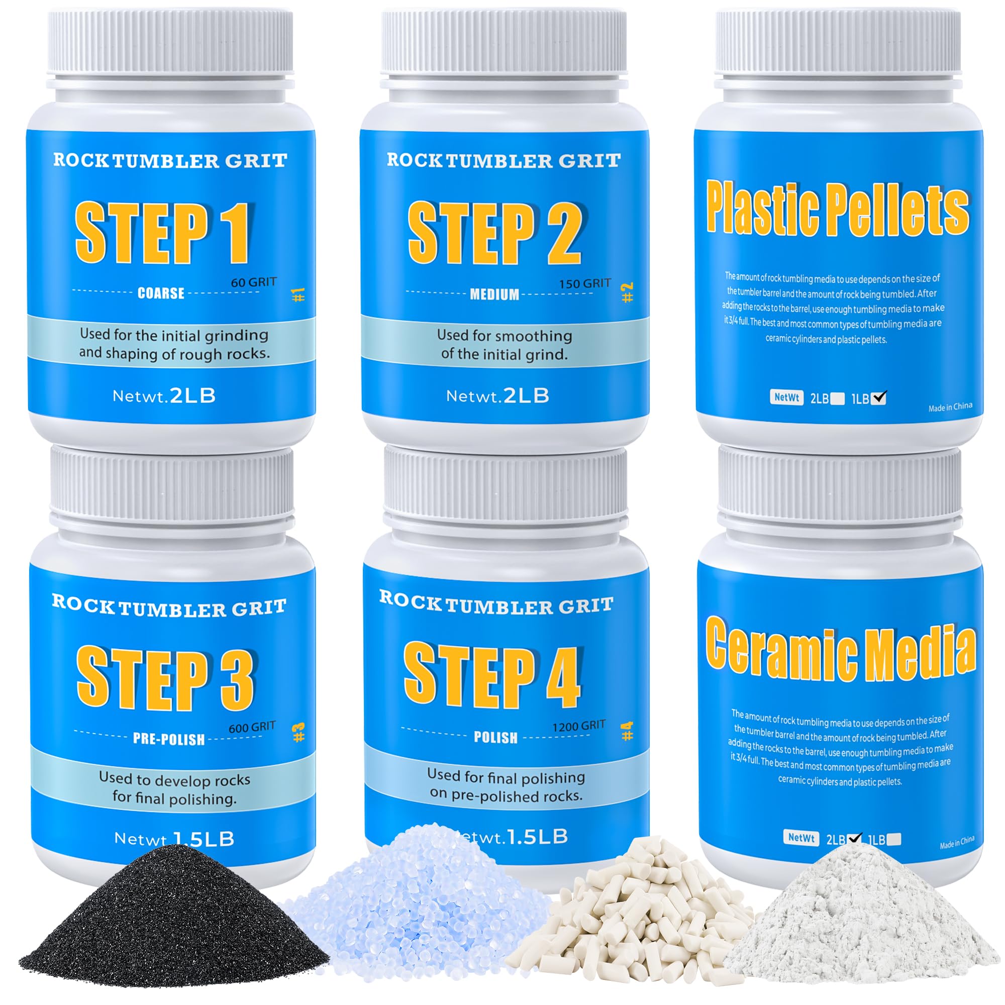 KomeStone Rock Tumbler Grit and Polish Refill Kit - 10 Pounds, Ultimate Value Pack with Ceramic & Plastic Pellets, Polishes Up to 70 lbs. of Rocks, 4-