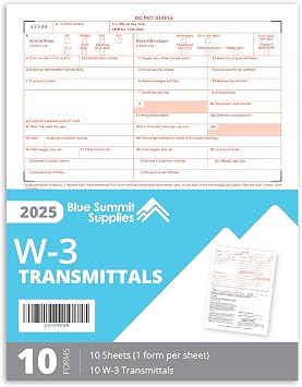 W3 Transmittal Tax Forms 2025, 10 Form W-3 Summary Laser Forms for Transmittal of Wage and Tax Statements, W-3 Forms, Compatible with QuickBooks and Accounting Software, 10 Pack