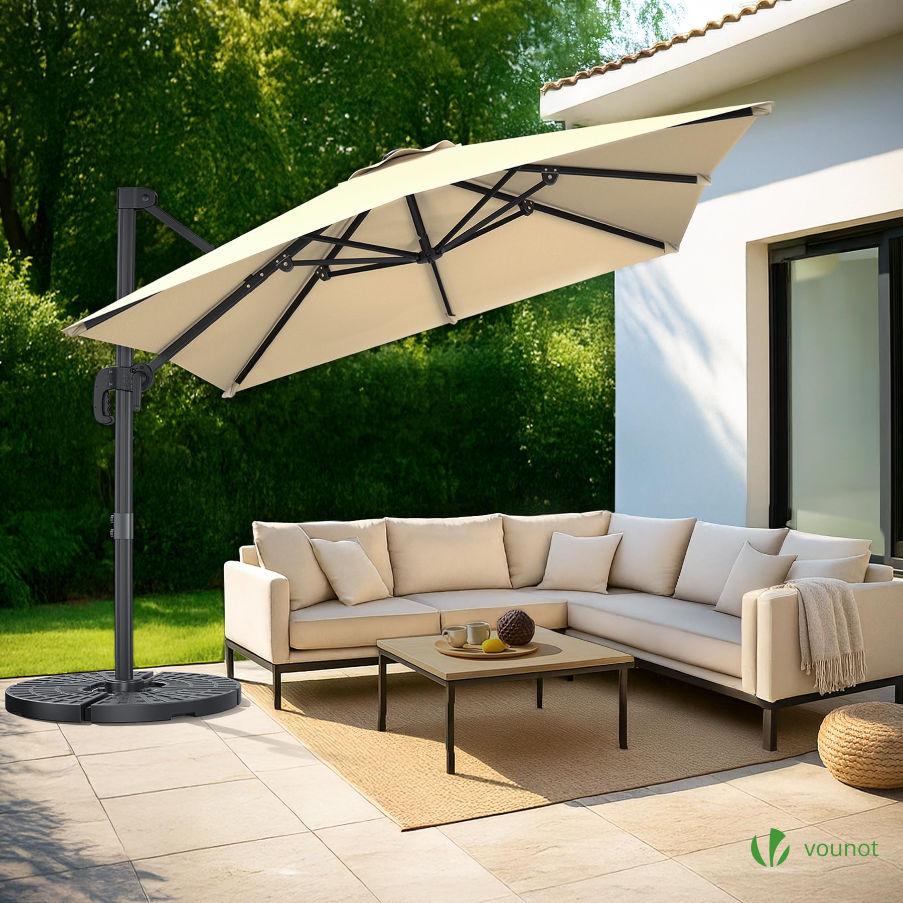 vounot® Parasol Déporté Carré 3x3M avec 8 Baleines Parasol de Jardin Extérieur Rotation 360° Inclinable 6 Positions Toile Polyester Anti UV et Imperméable avec Housse Beige Foncé