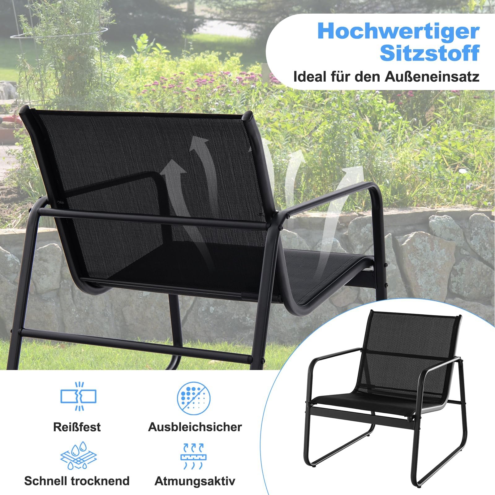 FANTASK Set da balcone in tessuto traspirante, set da 3 pezzi, mobili da giardino con 2 sedie e tavolo per terrazza e balcone, colore: nero