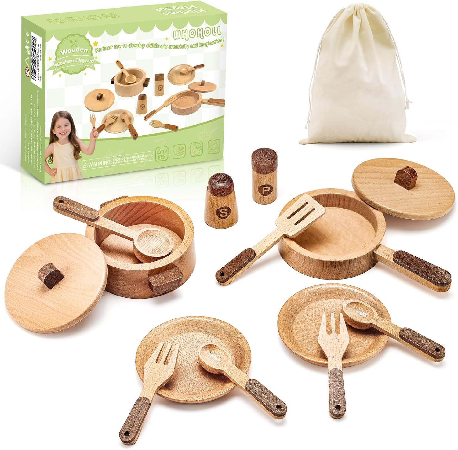 WHOHOLL Wooden Play Cooking Set with Plates and Dishes, Kitchen Toys for Kids 3 4 5 6, Montessori Play Kitchen Accessories Including Pots and Pans, Christmas Birthday Gifts for Girls Boys